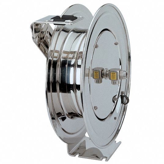 Spring Return Hose Reel: 25 ft (3/4 in I.D.), 300 psi Max Op Pressure,  Stainless Steel, Silver