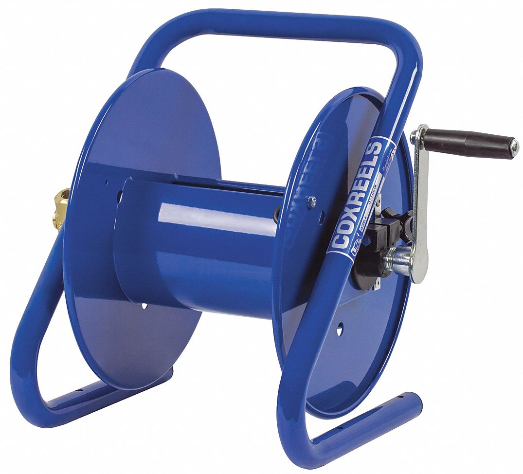 HAND CRANK HOSE REEL: 100 FT (⅜ IN I.D.), 13⅛ IN L X 18½ IN W X 14¾ IN H, BRASS