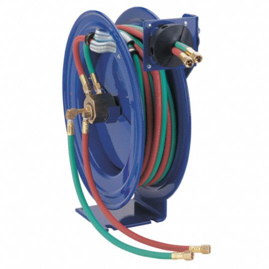 COXREELS Welding Hose Reel: 50 ft (1/4 in I.D.), 9/16 in F UNF, 200 psi Max  Op Pressure, Brass, Blue