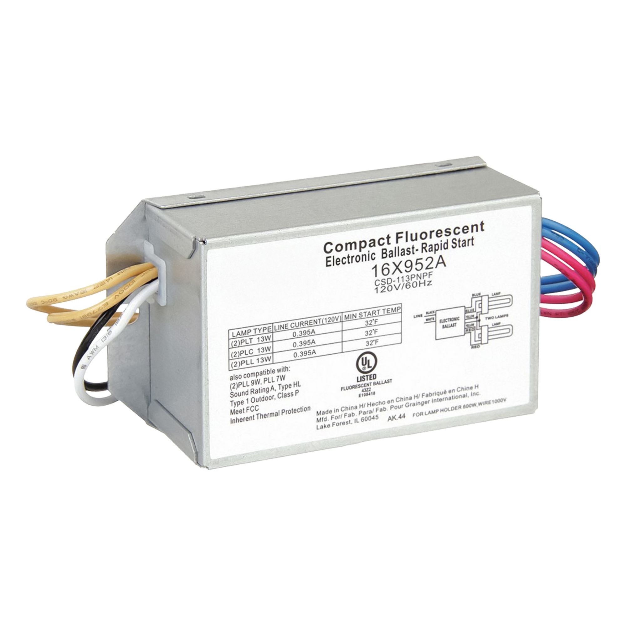 CFL Ballast: 120V AC, 1/2 Lamps Supported, 7 W_9 W_13 W Bulb Watt, 4 in Overall Lg