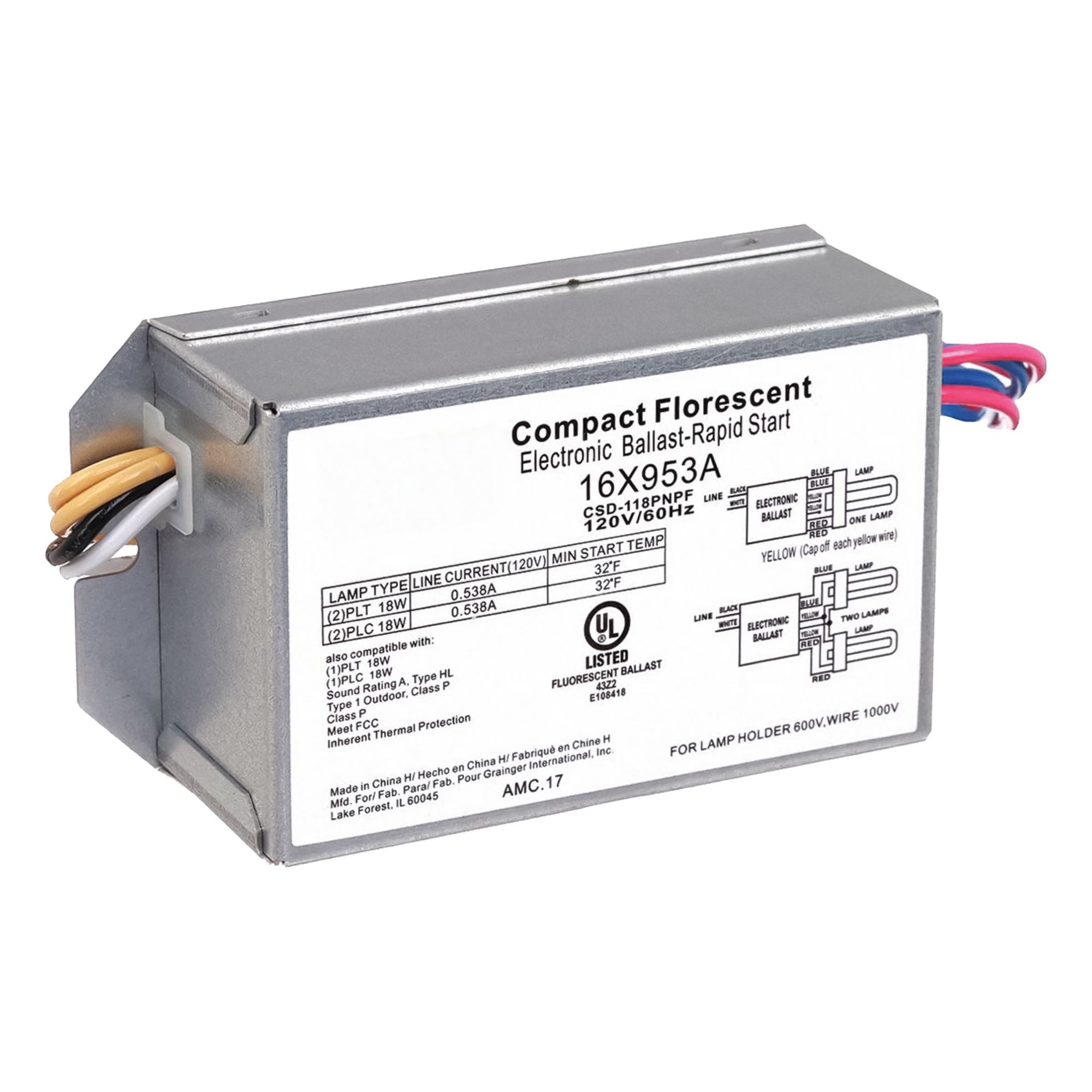 CFL Ballast: 120V AC, 1/2 Lamps Supported, 18 W Bulb Watt, 4 in Overall Lg