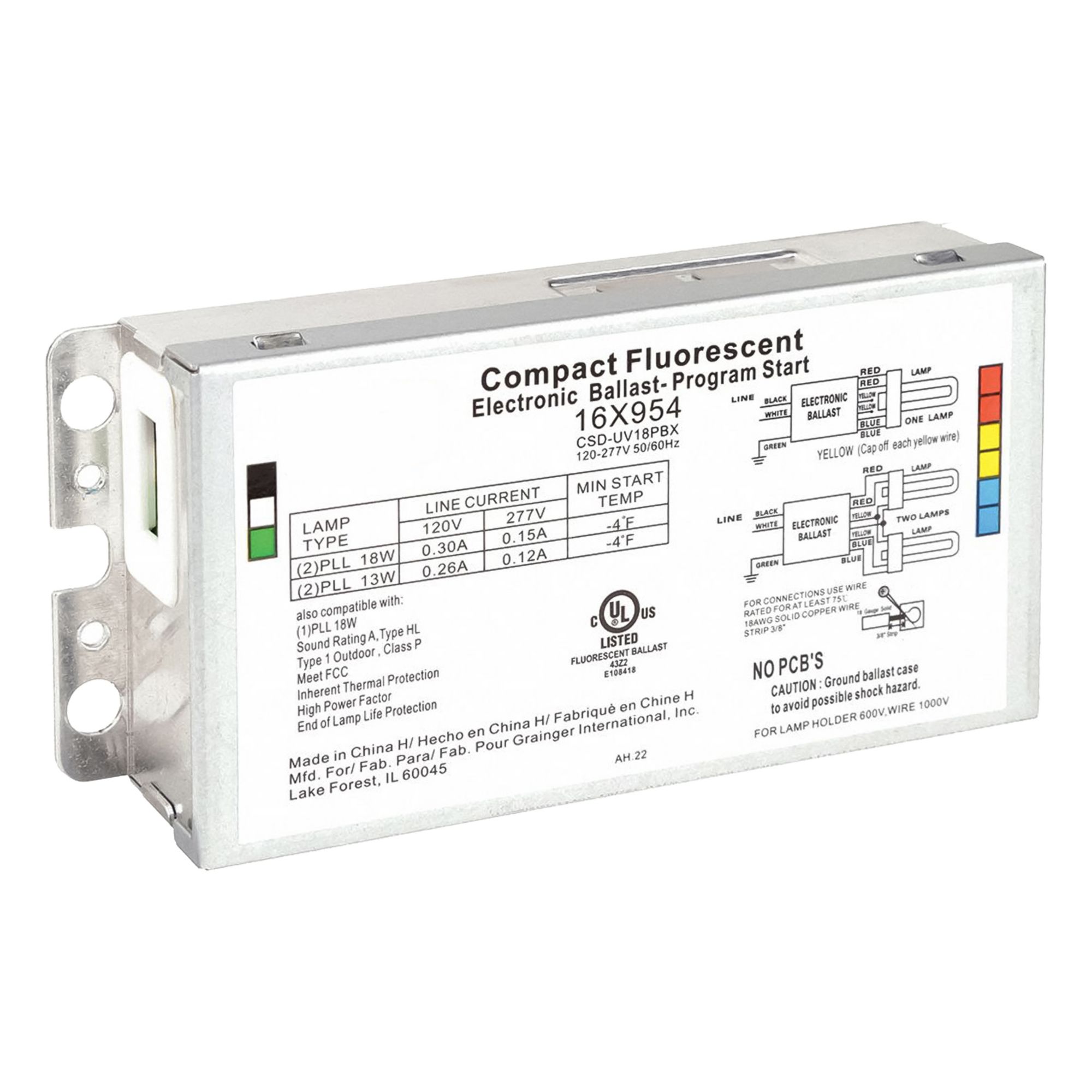 CFL Ballast: 120 to 277V AC, 1/2 Lamps Supported, 18 W Bulb Watt