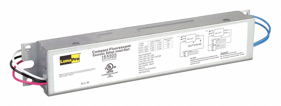 CFL BALLAST, COMPACT FLUORESCENT, 120 TO 277V AC, 1 TO 2 BULBS, 40 W BULB MAX