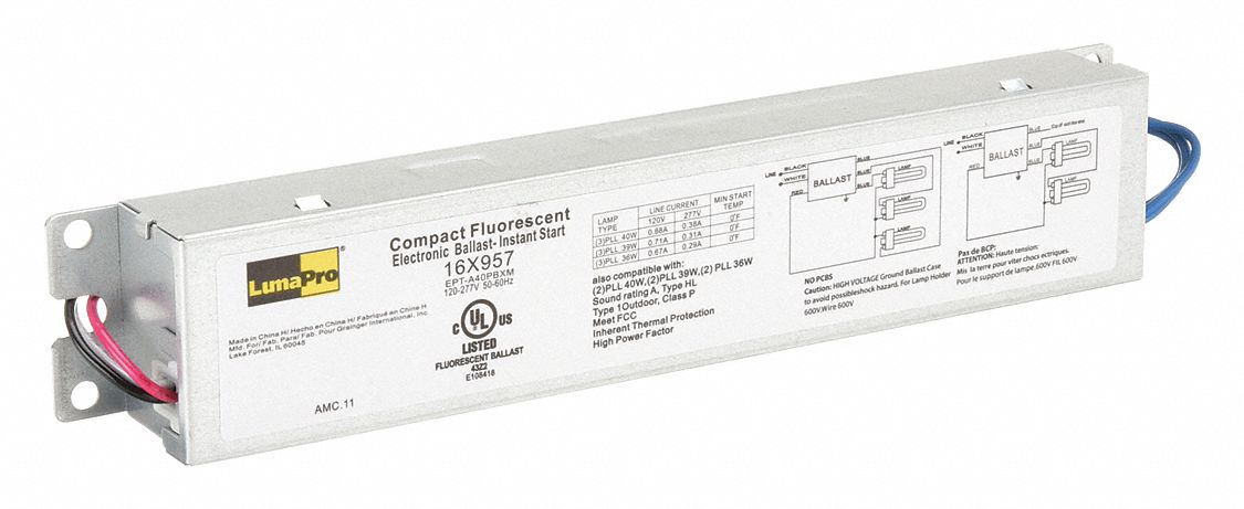 CFL BALLAST, COMPACT FLUORESCENT, 120 TO 277V AC, 2 TO 3 BULBS, 40 W BULB MAX