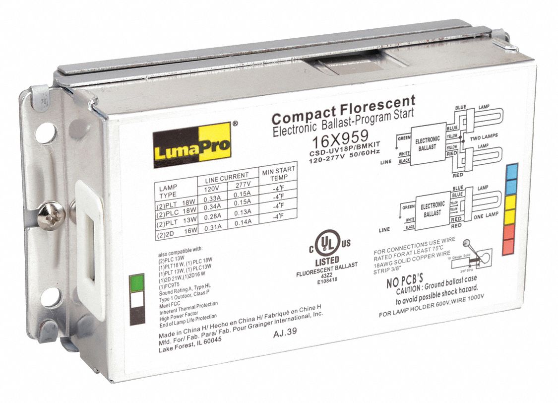 CFL BALLAST, COMPACT FLUORESCENT, 120 TO 277V AC, 1 TO 2 BULBS, 18 W BULB MAX