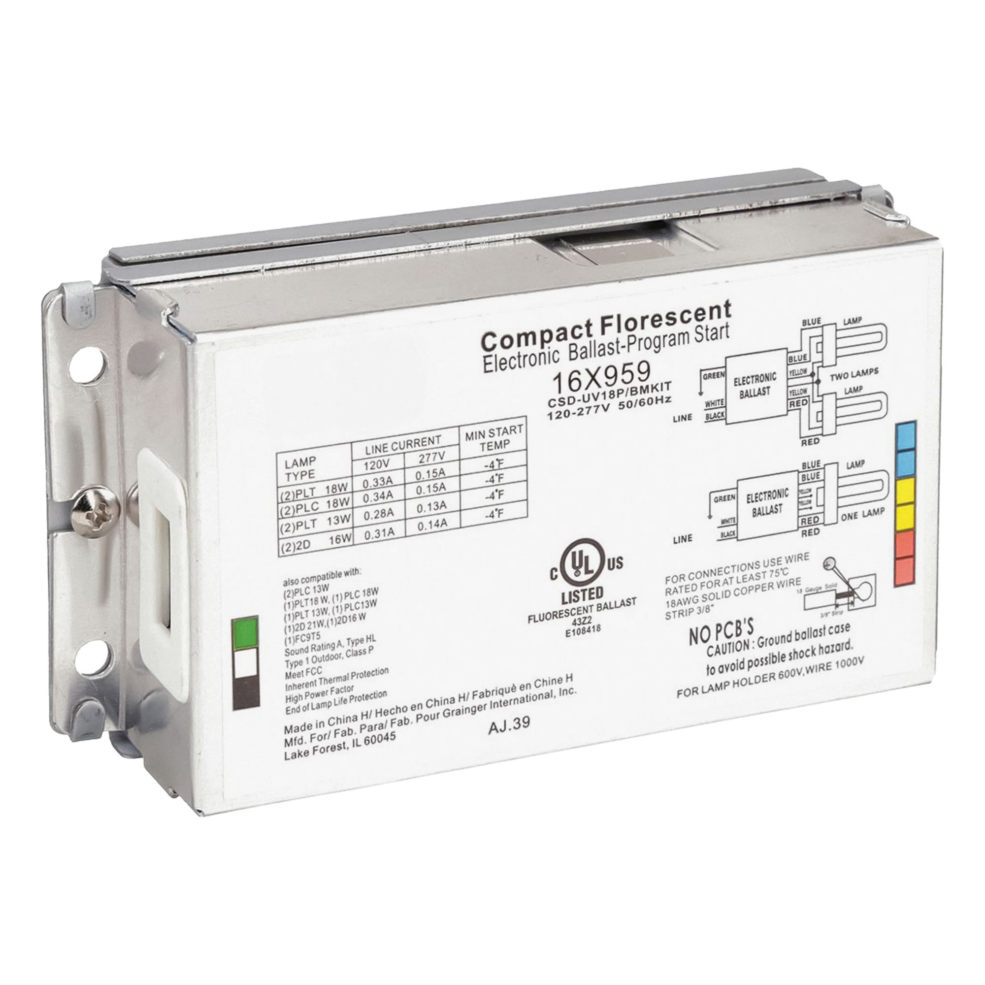 CFL Ballast: 120 to 277V AC, 1/2 Lamps Supported, 21 W Bulb Watt, 5 in Overall Lg