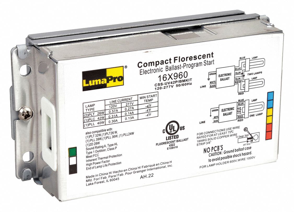 CFL BALLAST, COMPACT FLUORESCENT, 120 TO 277V AC, 1 TO 2 BULBS, 26 W BULB MAX