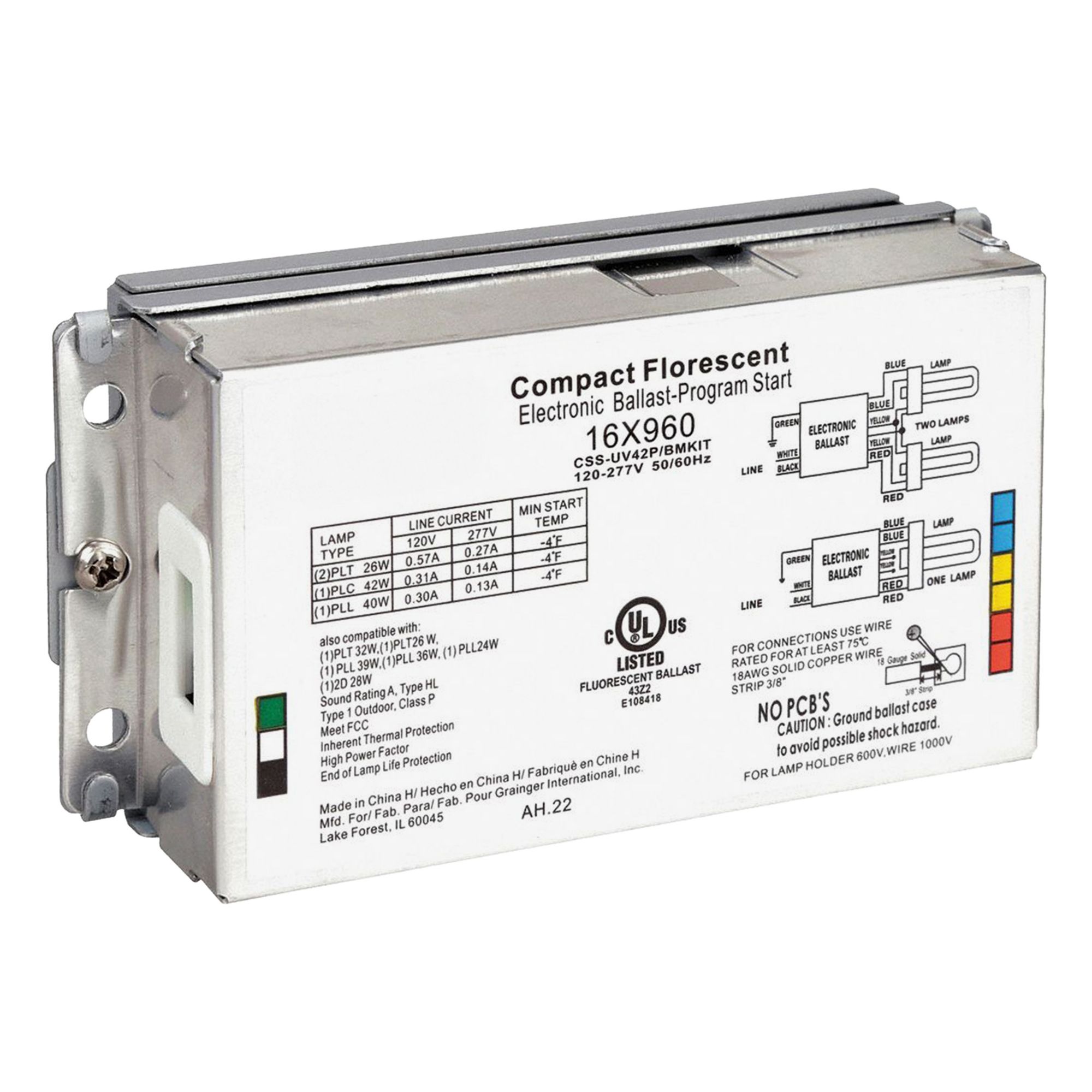 CFL Ballast: 120 to 277V AC, 1/2 Lamps Supported, 28 W_39 W_40 W Bulb Watt