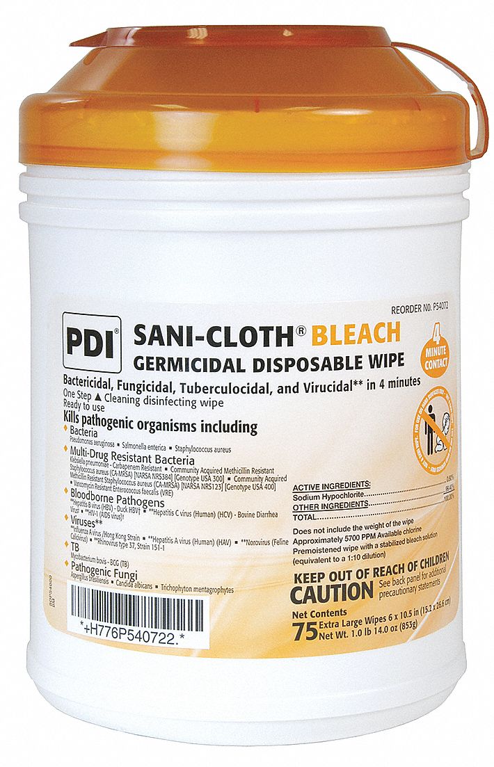 Disinfecting Wipes: Canister, 75 ct Container Size, Ready to Use, Wipes, Bleach, Bleach