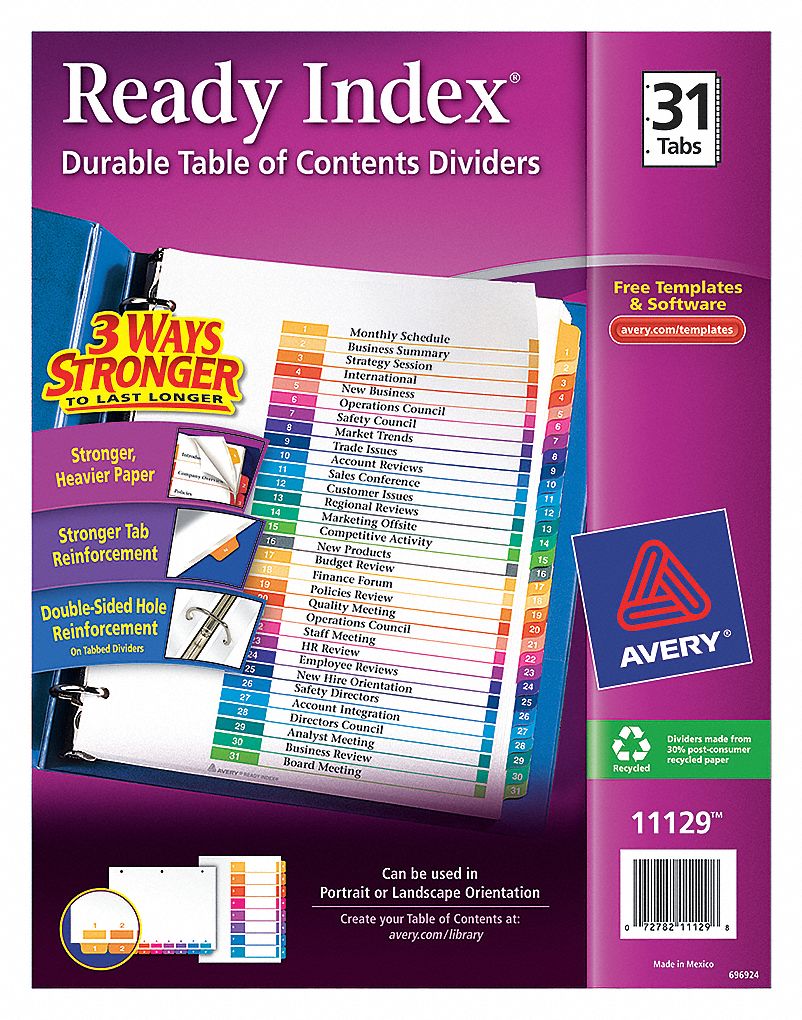 INDEX TAB SET,NUMBERED,31 TABS,COLO