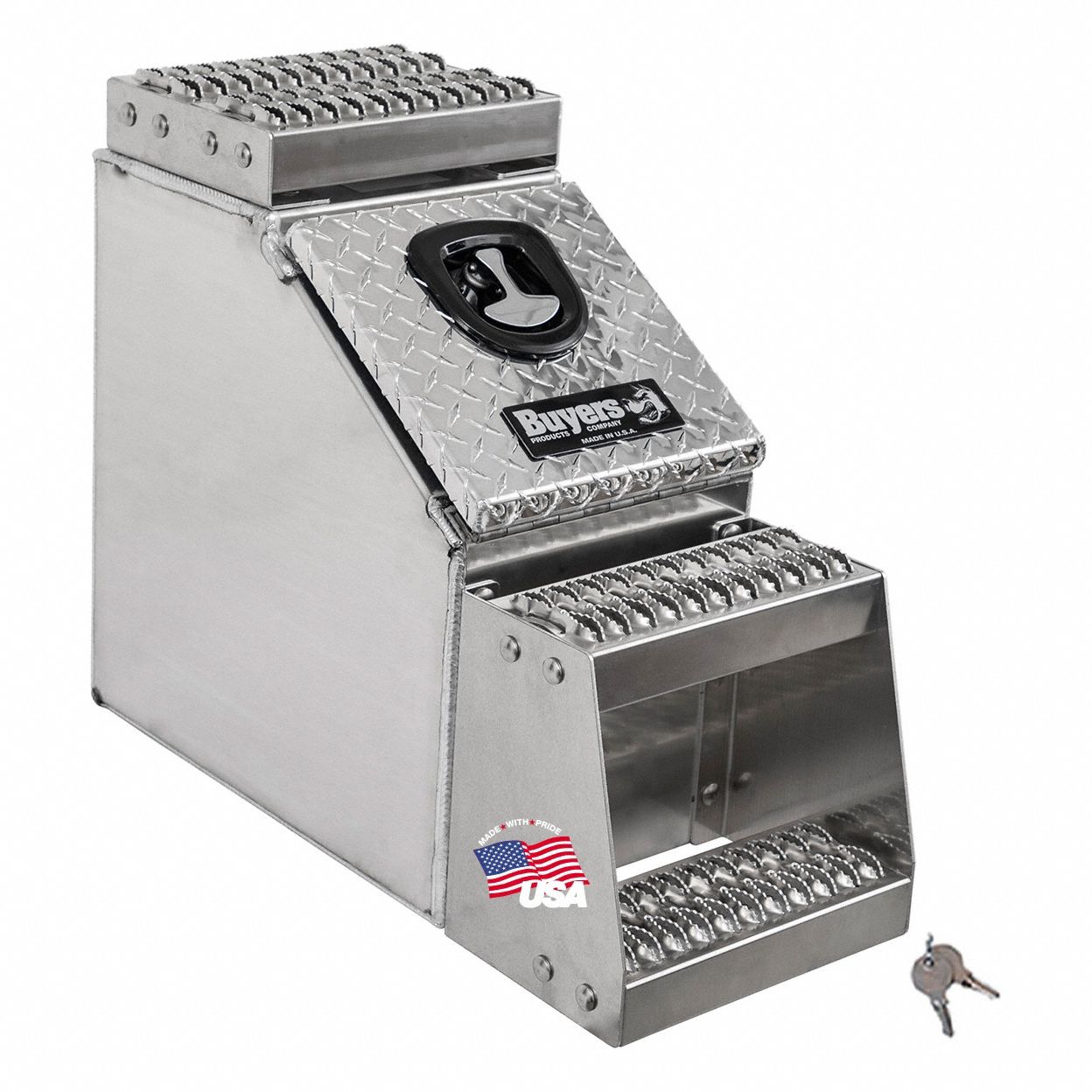 Step Truck Box: Aluminum, Silver, 28 in Overall Dp, 24 in Overall Ht, Diamond Plate