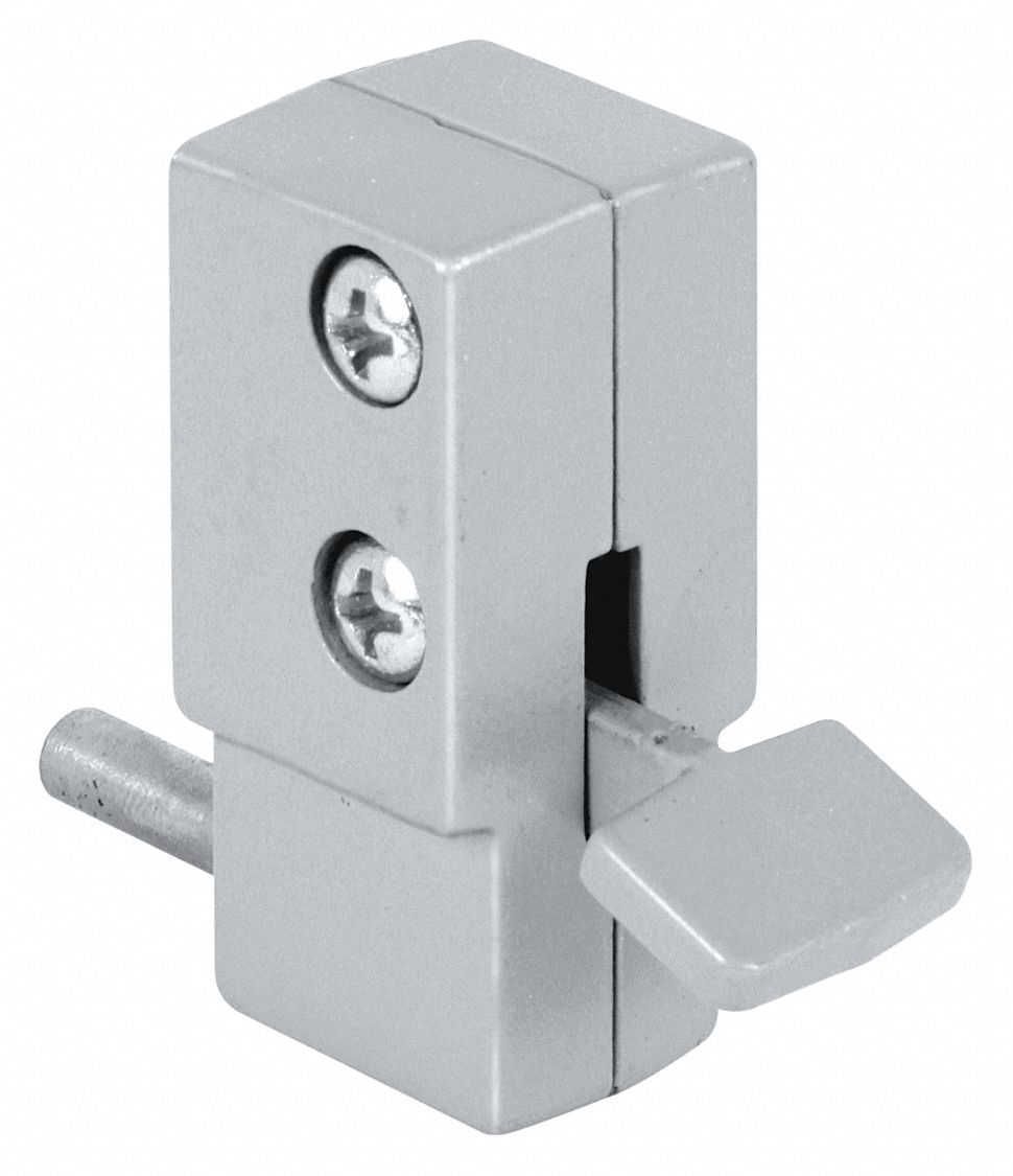 Sliding Door Lock: 7/8 in Lg, 7/8 in Wd, 2 in Ht