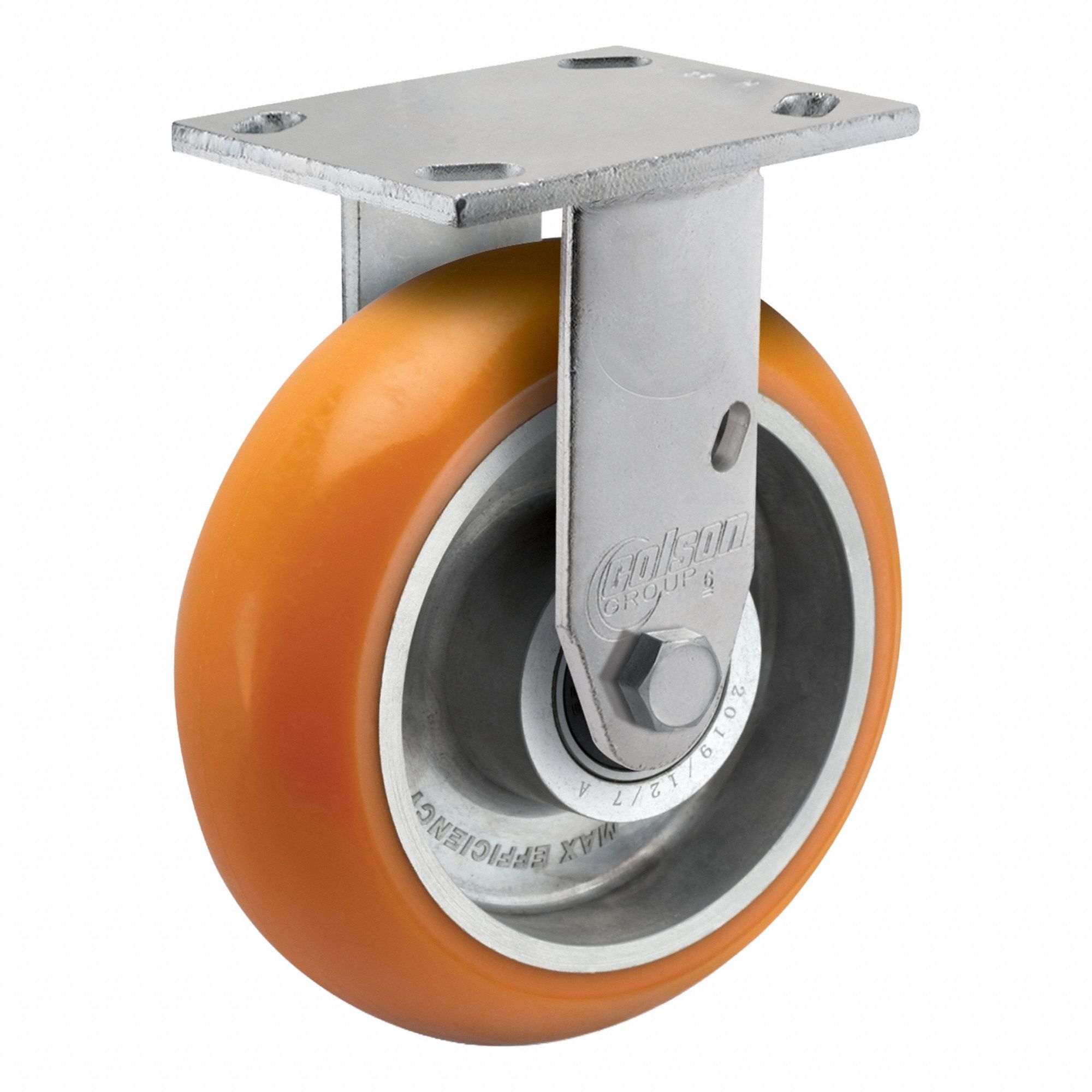 ALBION Caster: Rigid, No Brake, Polyurethane, 5 in Wheel Dia, 2 in Wheel Wd, 6 1/2 in Mounting Ht (MPN 170AN05228R). Key specifications — Wheel Bearing Type: Ball; Wheel/Tread Color: Orange; Brand: ALBION; Caster Type: Rigid.