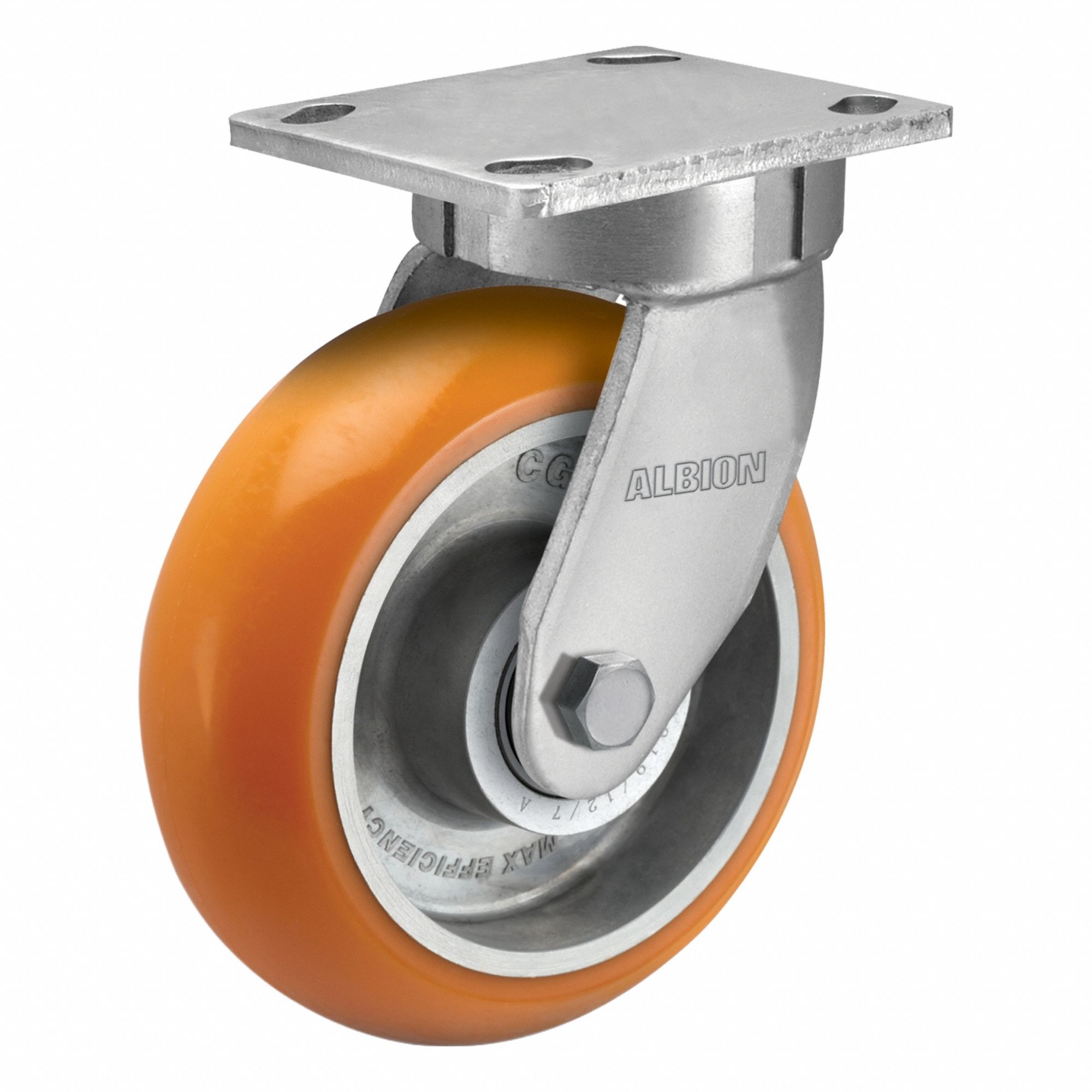 ALBION Caster: Debris-Resistant/Quiet-Roll/Shock-Absorbing, Kingpinless Swivel, Polyurethane, Ball (MPN 170AN04228S). Key specifications — Wheel/Tread Color: Orange; Brand: ALBION.