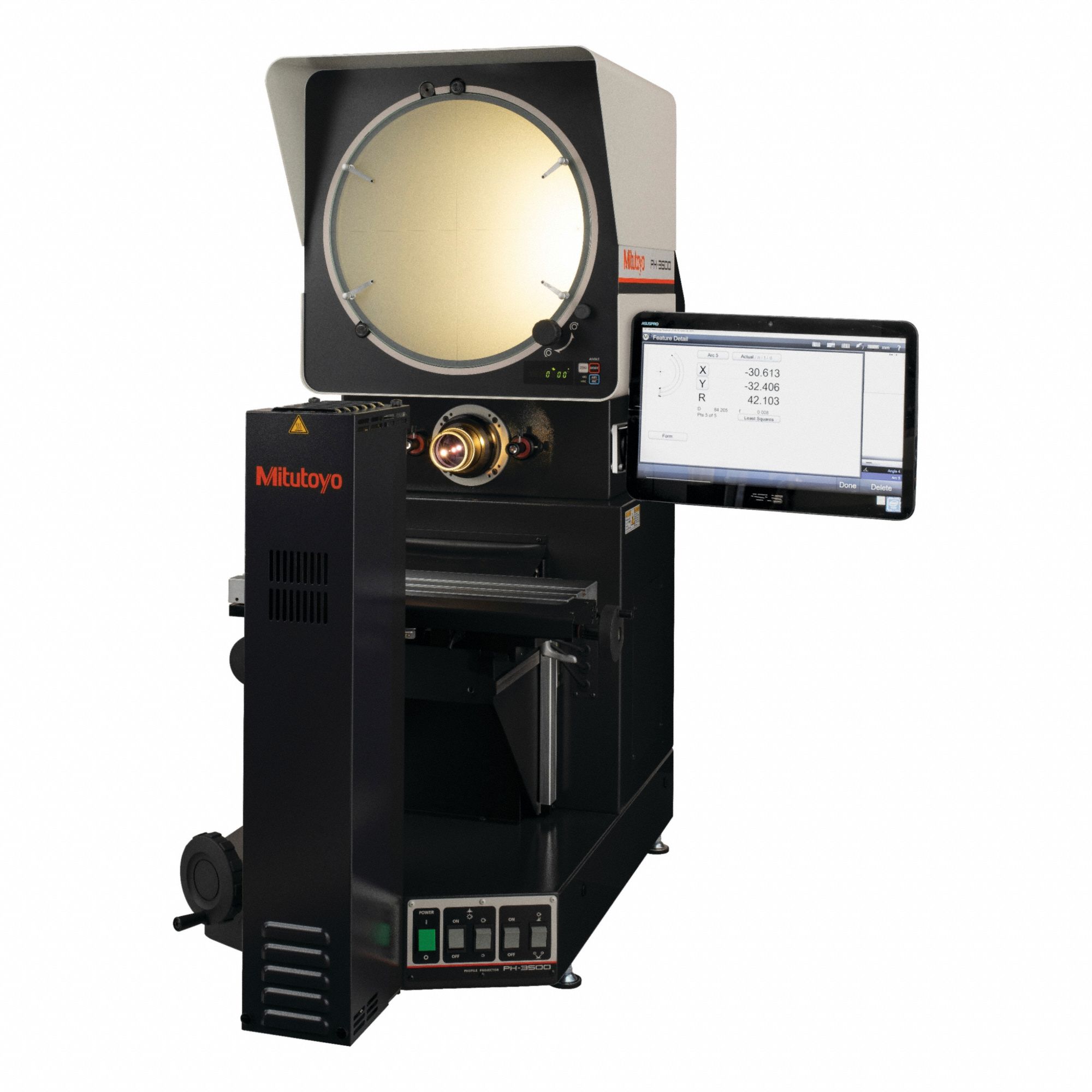 MITUTOYO Optical Comparator: Horizontal, Erect Image, 17.7 in x 5.7 in Table Size, 10X (MPN 172-868-11A-M2-EDGE). Key specifications — attr1183445: Erect Image; attr1183446: 17.7 in x 5.7 in; attr1183447: 10X; attr1183448: 14 in; attr1183450: 10 in; attr1183451: 6 in; attr1183467: MITUTOYO.