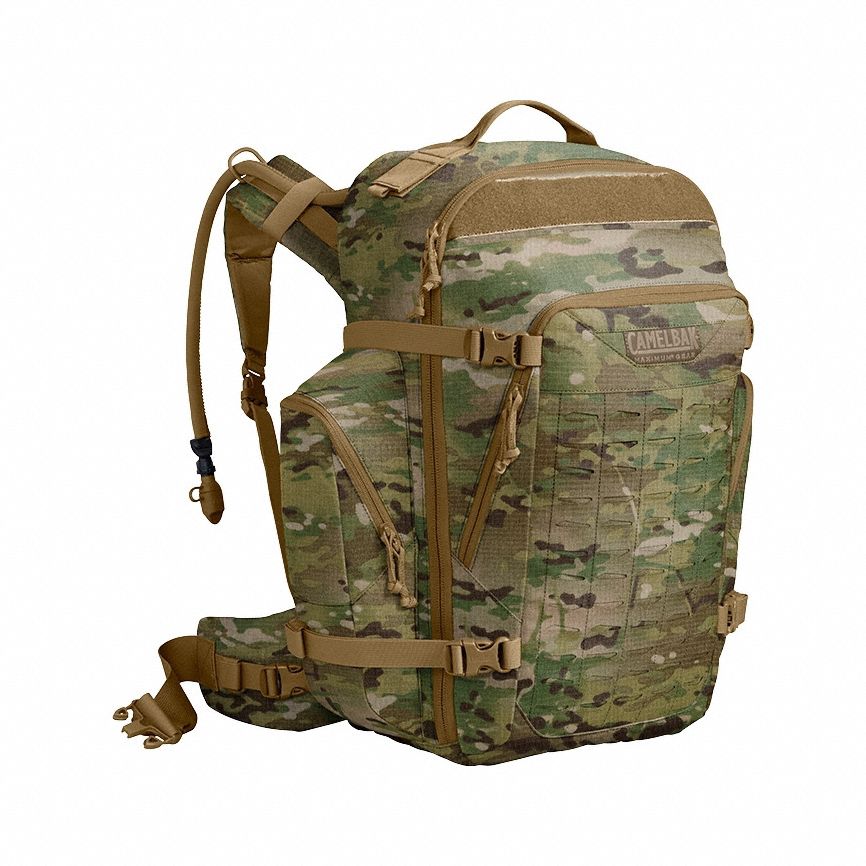Hydration Pack: Camouflage, 3 L Fluid Capacity, 22 7/8 in Overall Lg, 18 7/8 in Overall Wd