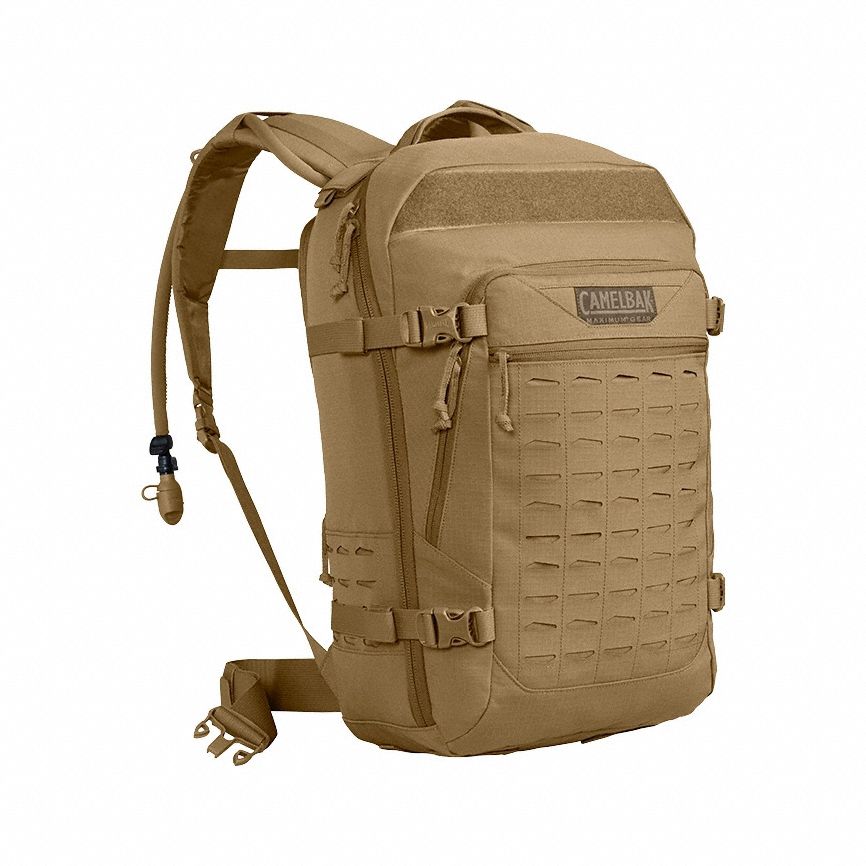 Hydration Pack: Brown, 3 L Fluid Capacity, 22 in Overall Lg, 13 3/8 in Overall Wd, Cordura