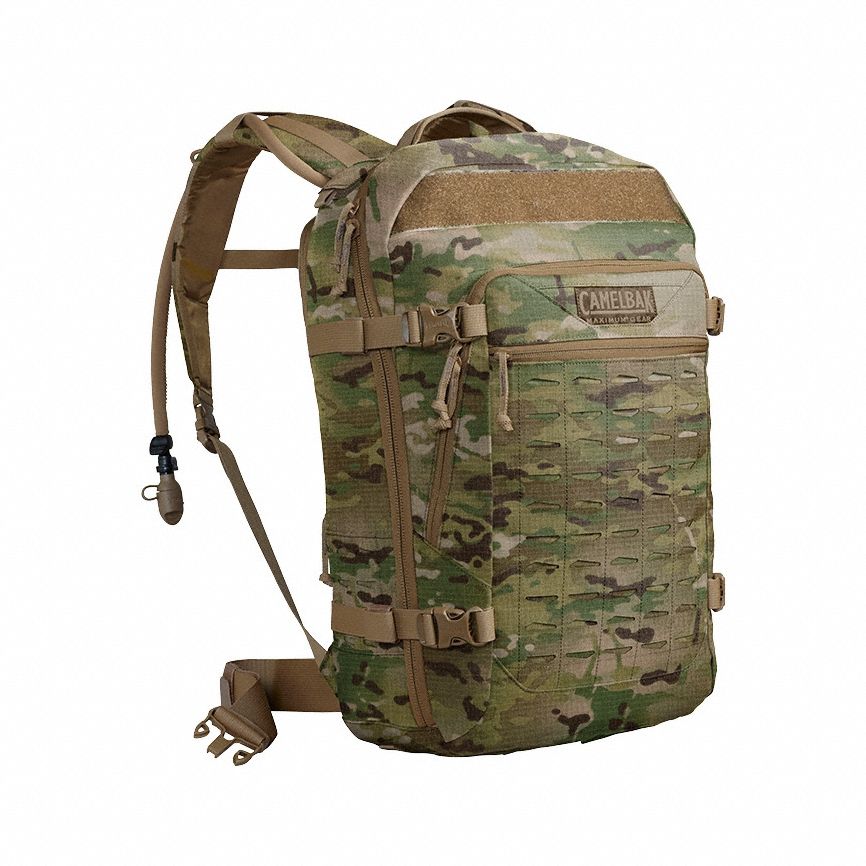 Hydration Pack: Camouflage, 3 L Fluid Capacity, 22 in Overall Lg, 13 3/8 in Overall Wd