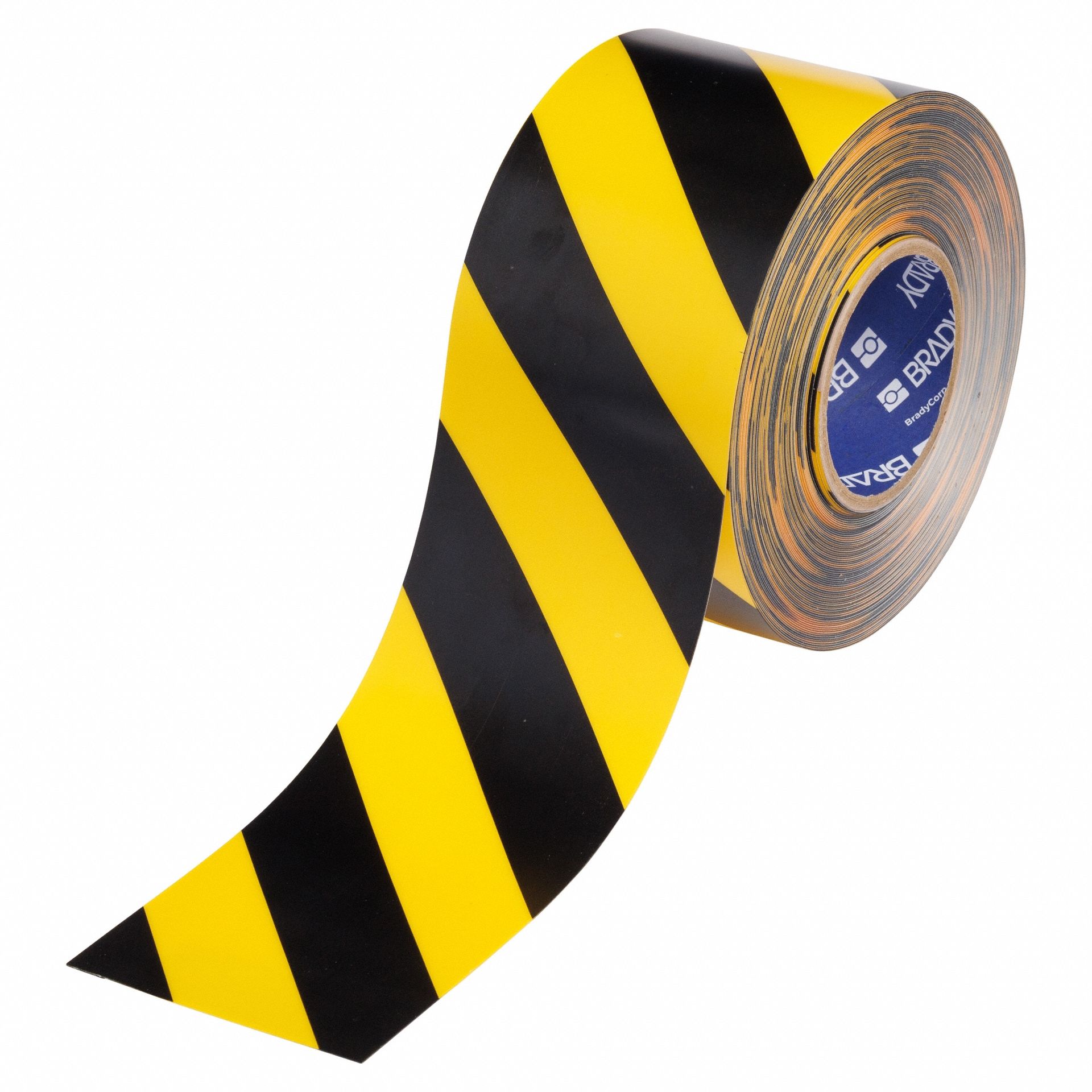 Floor Marking Tape: Striped, Black/Yellow, 4 in x 100 ft, 22 mil Tape Thick, Brady® ToughStripe® Max