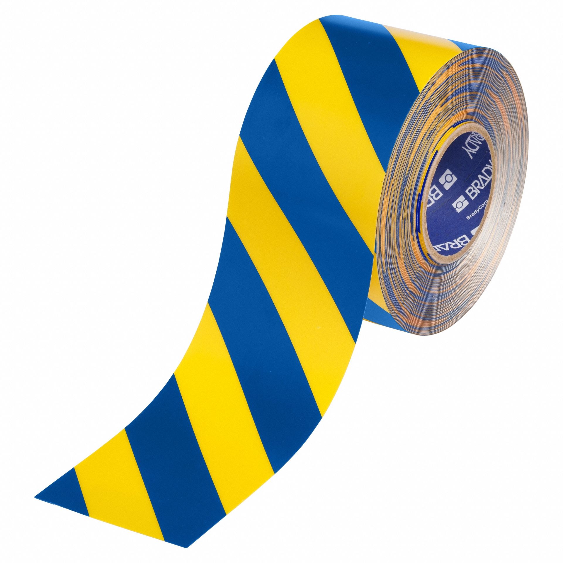 Floor Marking Tape: Striped, Blue/Yellow, 4 in x 100 ft, 22 mil Tape Thick, Brady® ToughStripe® Max