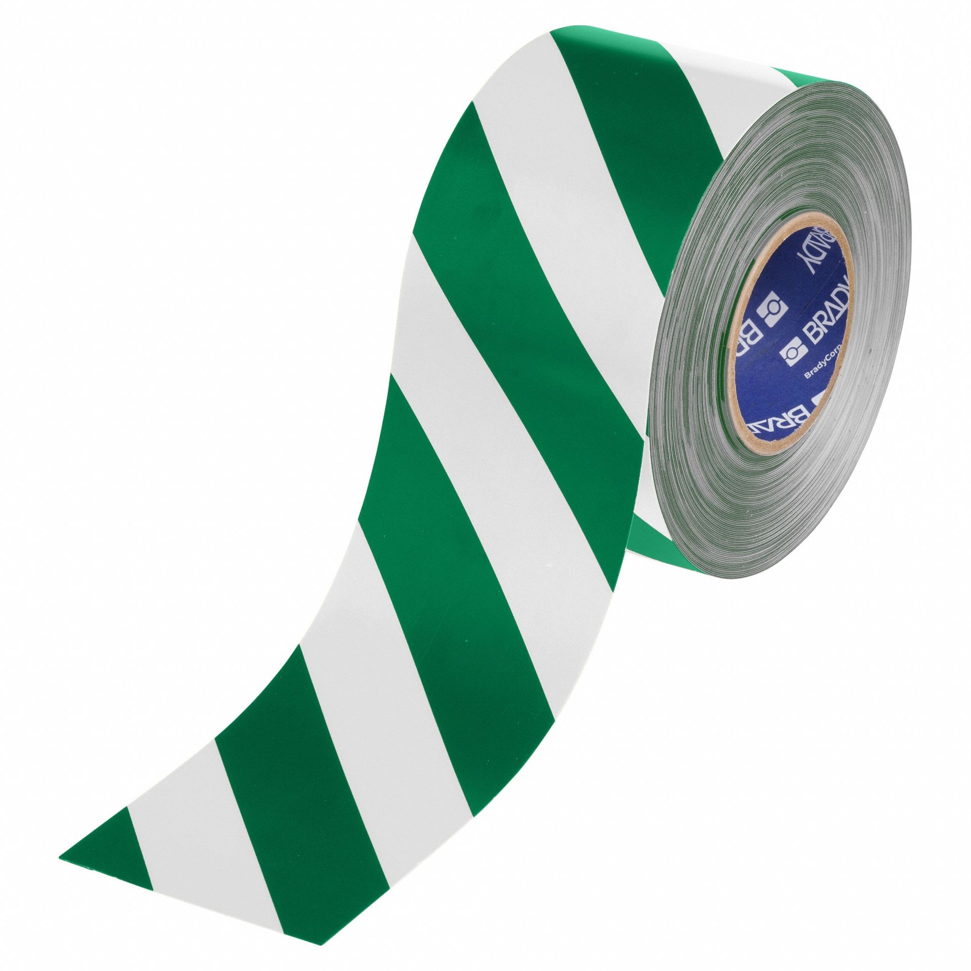 Floor Marking Tape: Striped, Green/White, 4 in x 100 ft, 22 mil Tape Thick, Brady® ToughStripe® Max