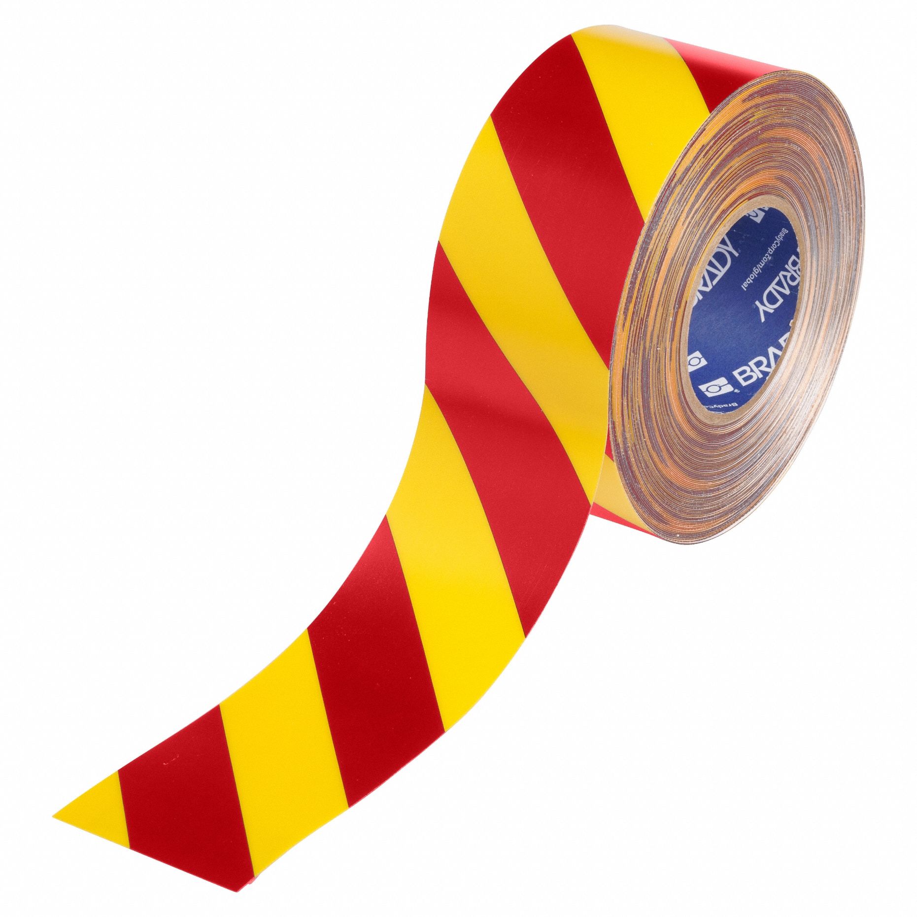 Floor Marking Tape: Striped, Red/Yellow, 3 in x 100 ft, 22 mil Tape Thick, Brady® ToughStripe® Max