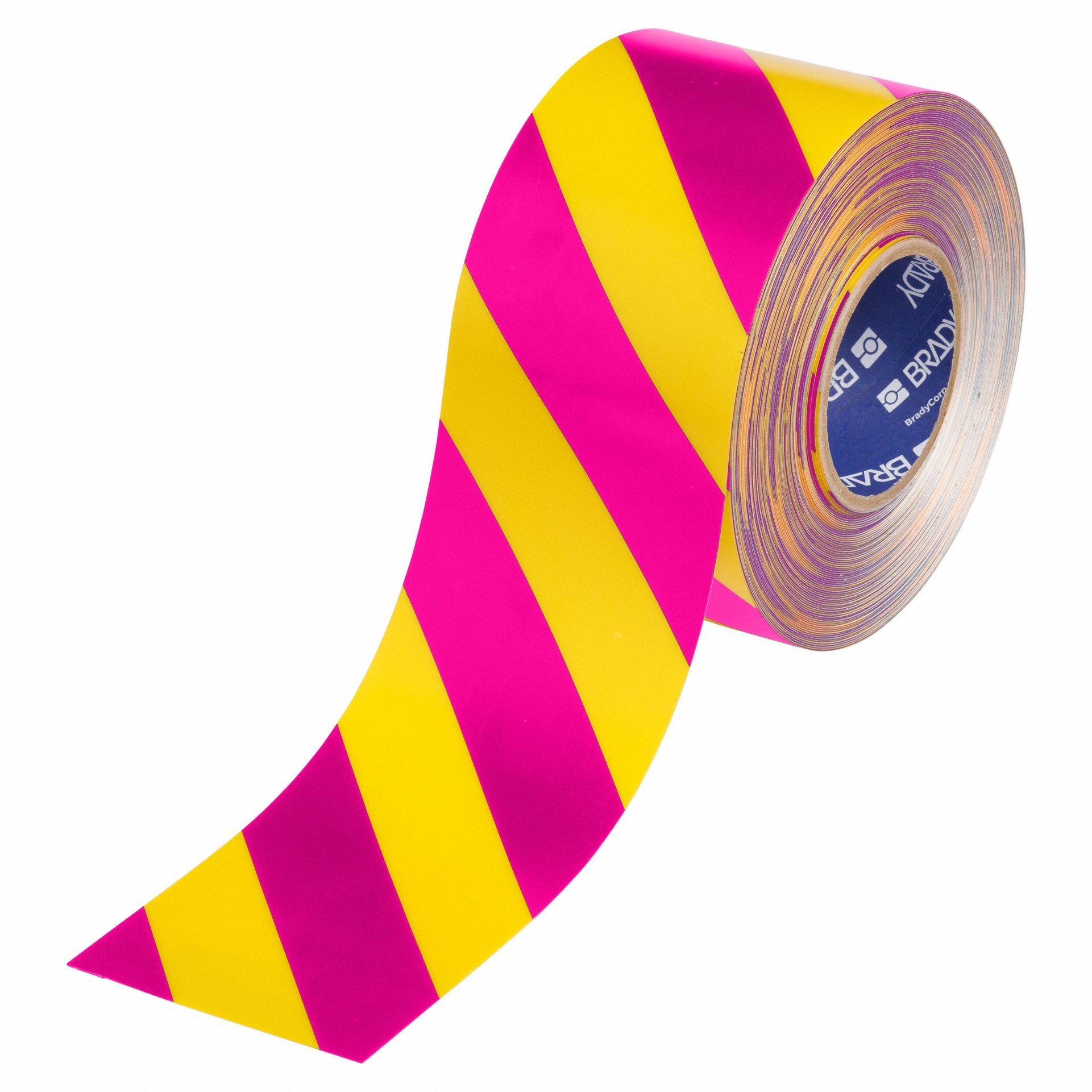 Floor Marking Tape: Striped, Pink/Yellow, 2 in x 100 ft, 22 mil Tape Thick, Brady® ToughStripe® Max