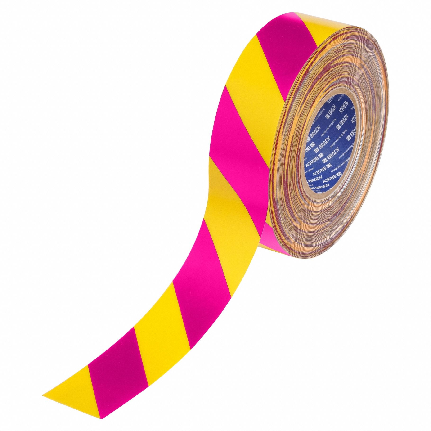 Floor Marking Tape: Striped, Pink/Yellow, 4 in x 100 ft, 22 mil Tape Thick, Brady® ToughStripe® Max