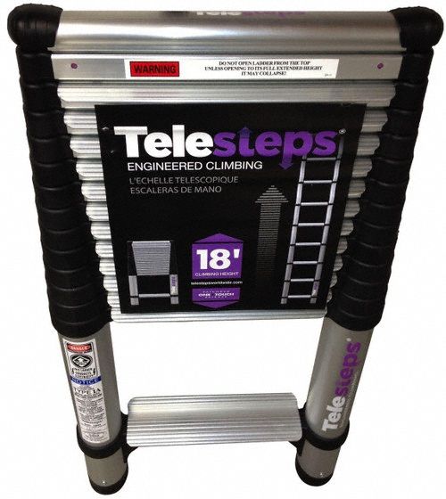 TELESTEPS Telescoping Ladder: 15 ft Ladder Size, Aluminum, 300 lb Load Capacity, 32 lb Wt (MPN 1800EP). Key specifications — Brand: TELESTEPS; Color: Silver.