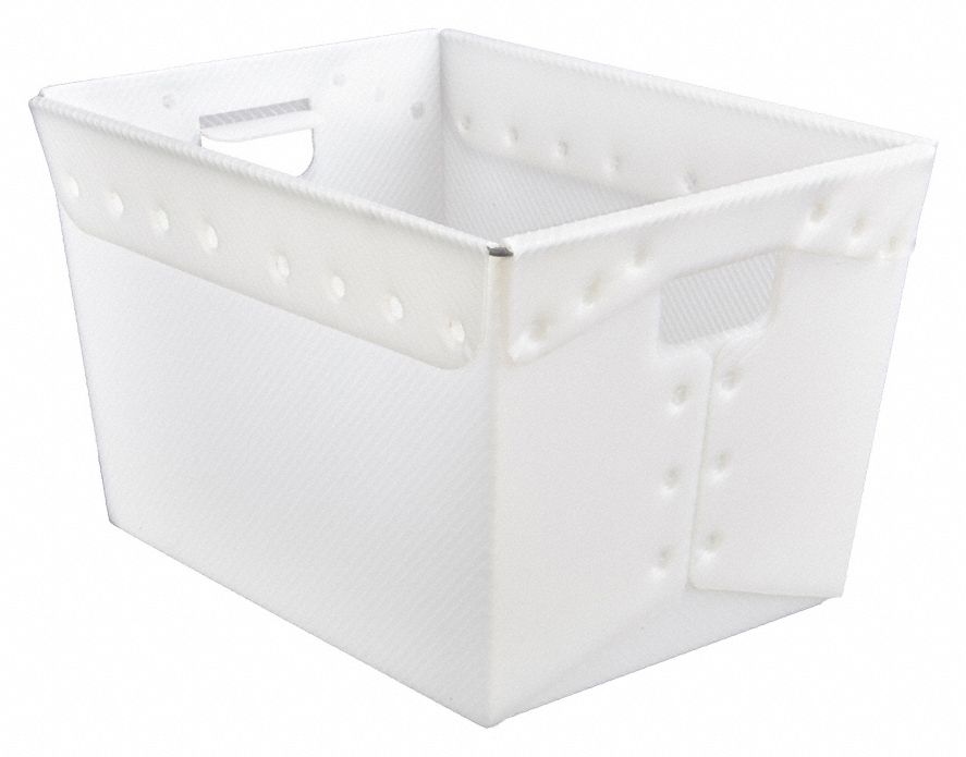 Nesting Tote: 7.6 gal, 18 in x 13 in x 12 in, White, Lid Not Included, Nesting Capable