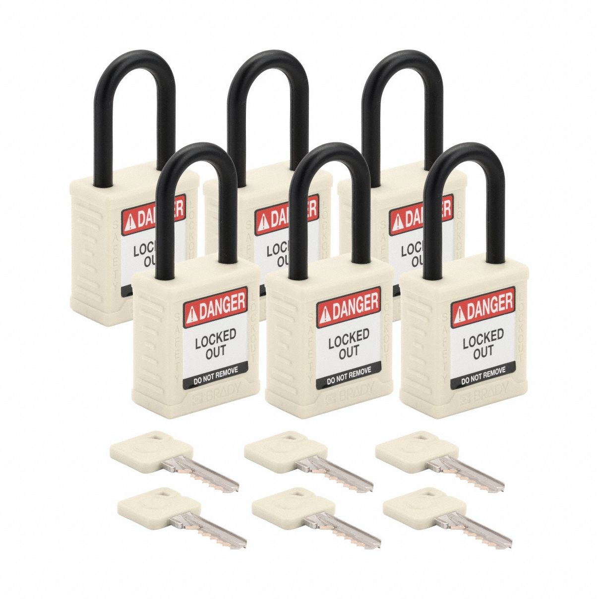 Lockout Padlock: Keyed Alike, Nylon, Std Body Body Size, Plastic, Std, White, 6 Pack Size