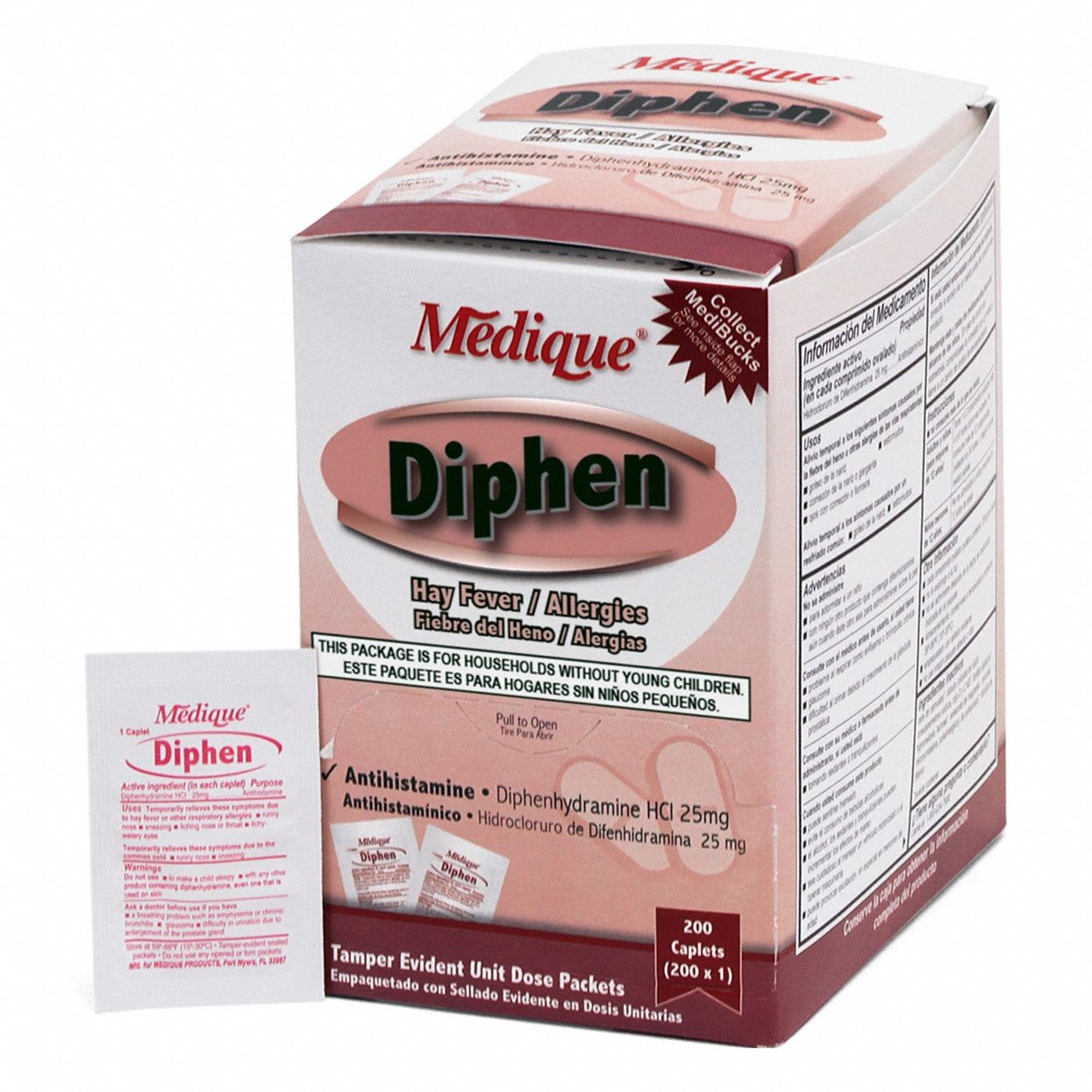 Sinus and Allergy Reliever: Diphenhydramine HCI, 200 Individual Doses, 200 PK