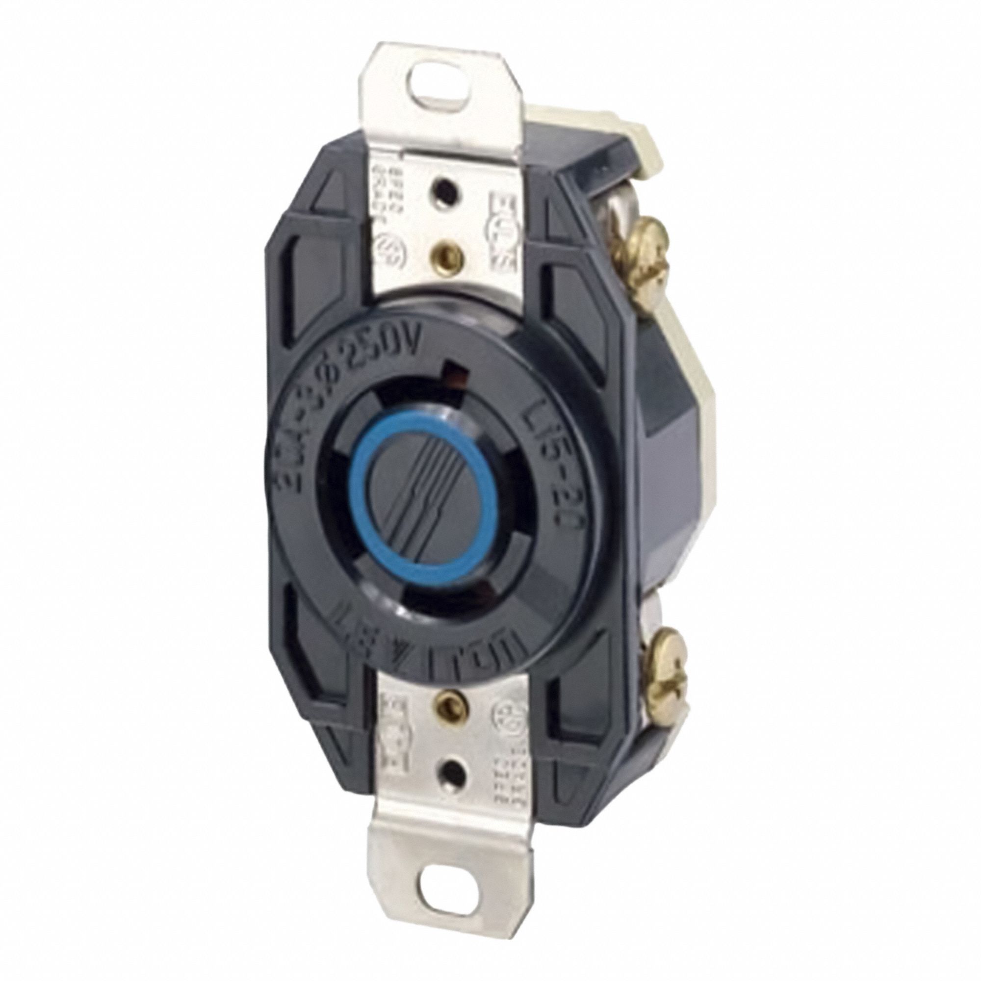 Flush Mounting Lock Receptacle: L15-20R, 20 A, 250V AC, Black, 3 Poles, Shrouded