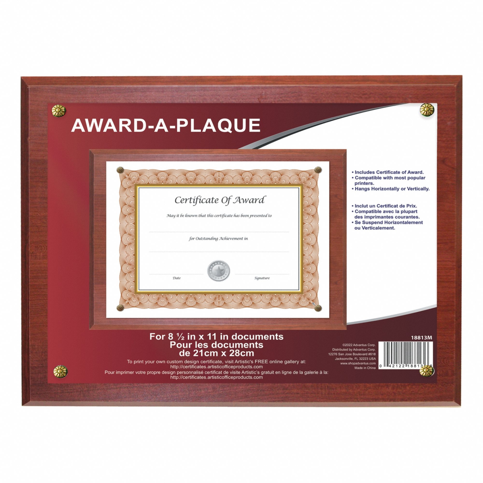 Display Plaque: 10 1/2 in x 13 in, Brown, Wood Frame Material, Wall Mount, 11 in Ht