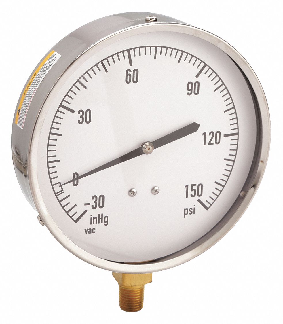 INDUSTRIAL COMPOUND GAUGE, 0 PSI TO 150 PSI, 4 1/2 IN DIAL, 1/4 IN NPT MALE, BOTTOM