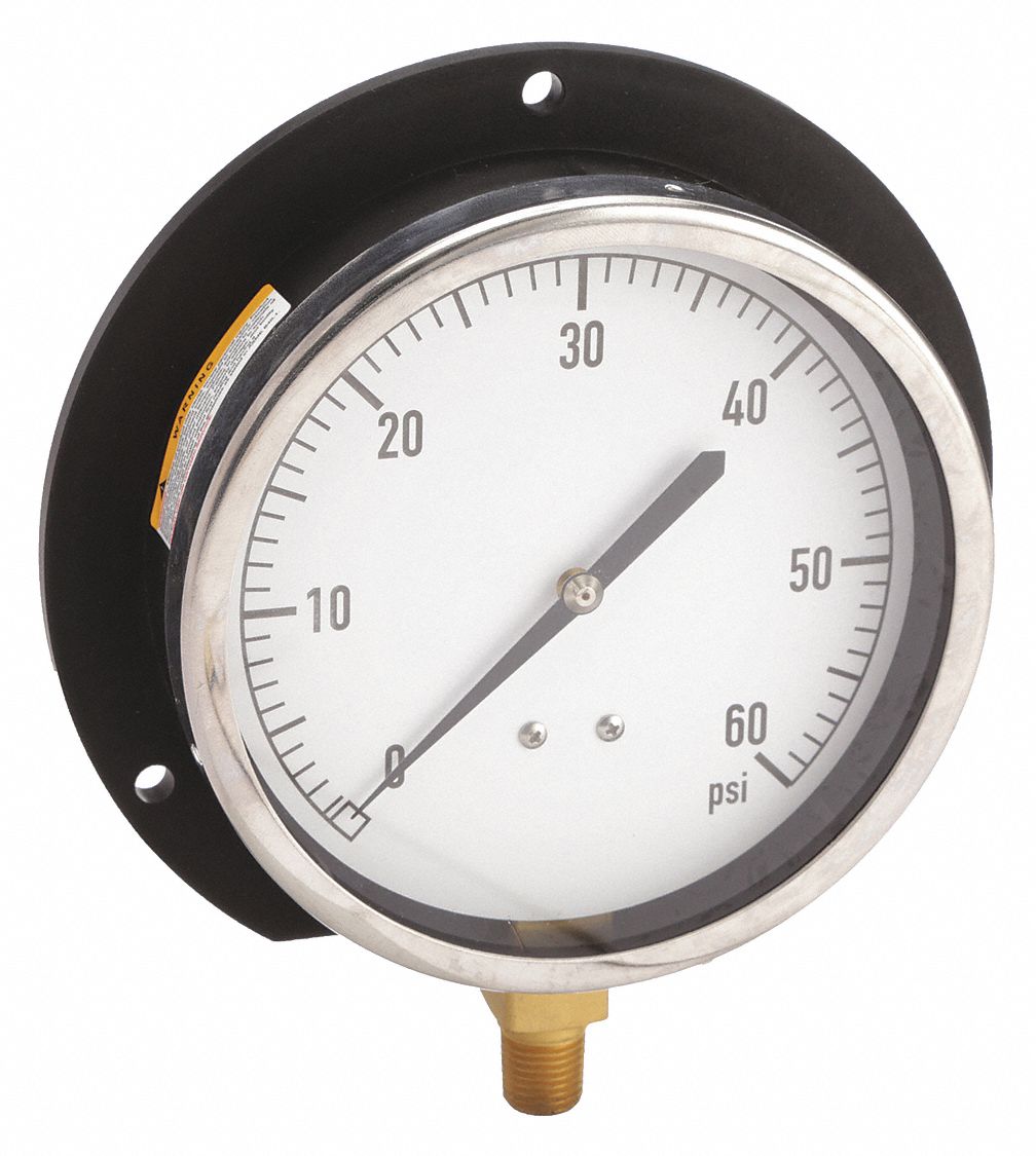 INDUSTRIAL PRESSURE GAUGE, U-CLAMP, 0 PSI TO 60 PSI, 4 1/2 IN DIAL, 1/4 IN NPT MALE