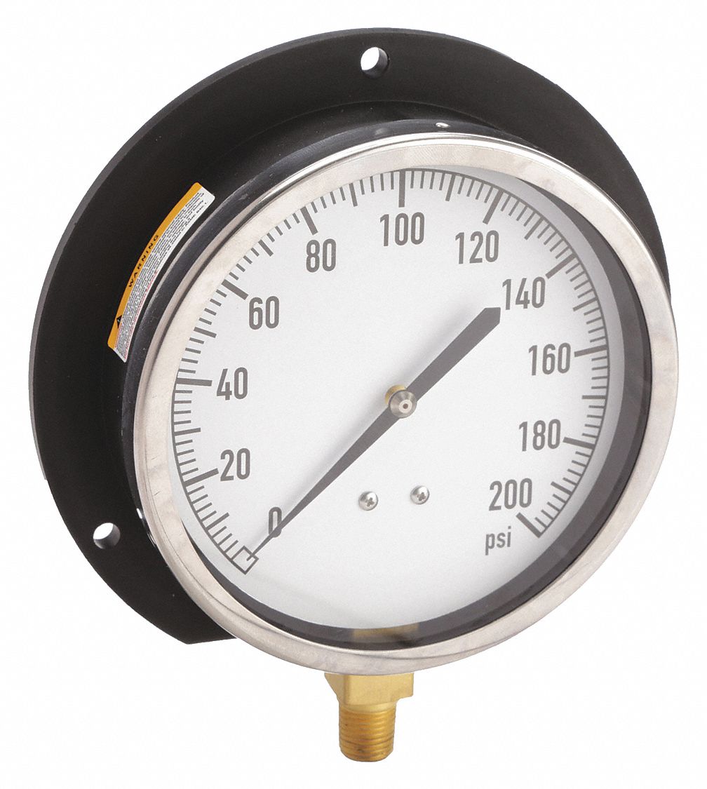 INDUSTRIAL PRESSURE GAUGE, U-CLAMP, 0 PSI TO 200 PSI, 4 1/2 IN DIAL, 1/4 IN NPT MALE
