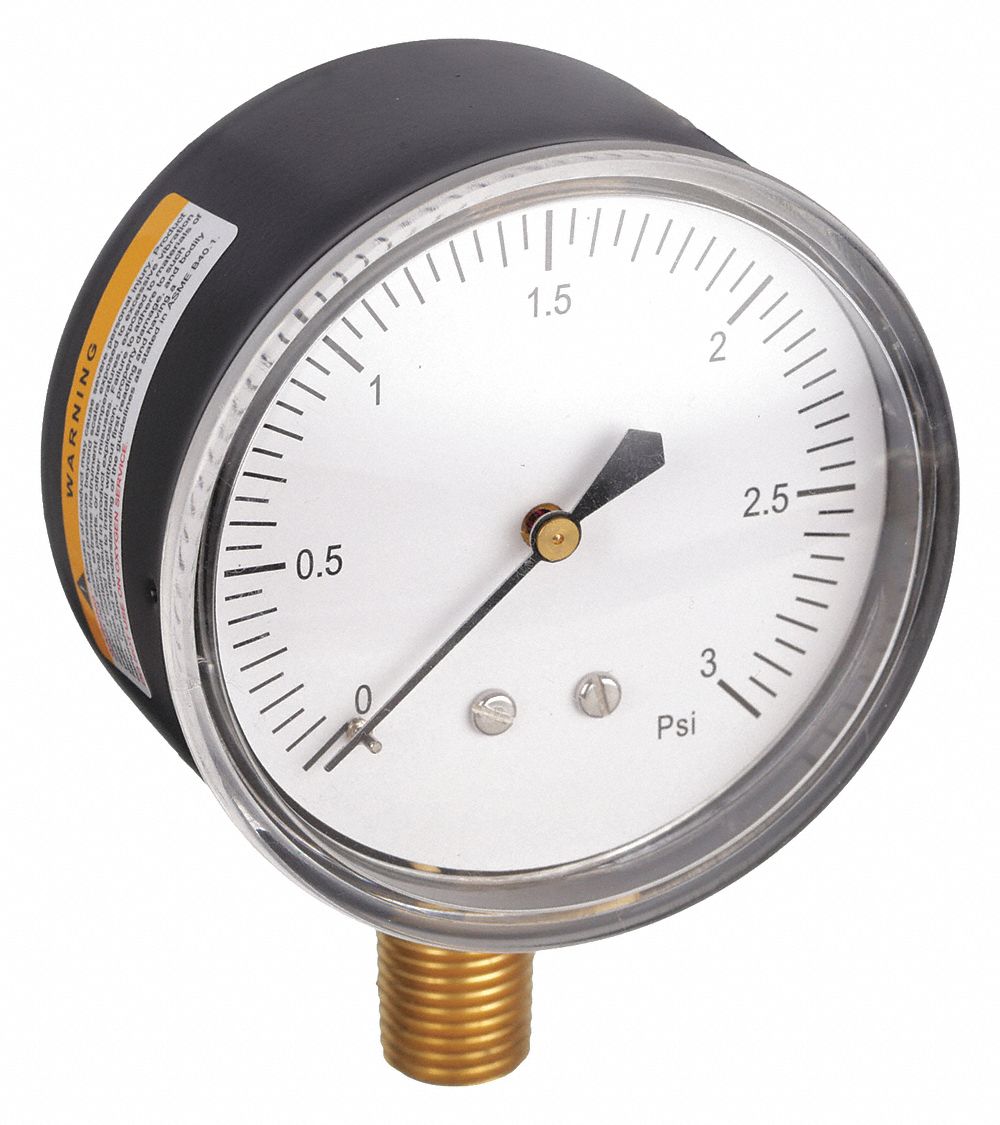 Low Pressure Gauge: For Inert Gases, 0 psi to 3 psi, 2 1/2 in Dial, 1/4 in NPT Male