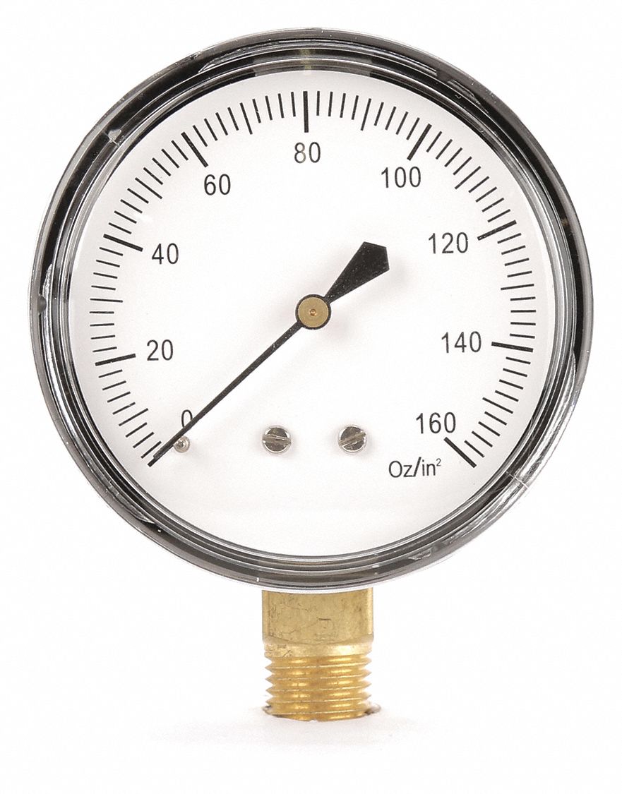 GRAINGER APPROVED Pressure Gauge, 0 to 160 oz/sq in Range, 1/4 in NPT, +/1.50 Gauge Accuracy