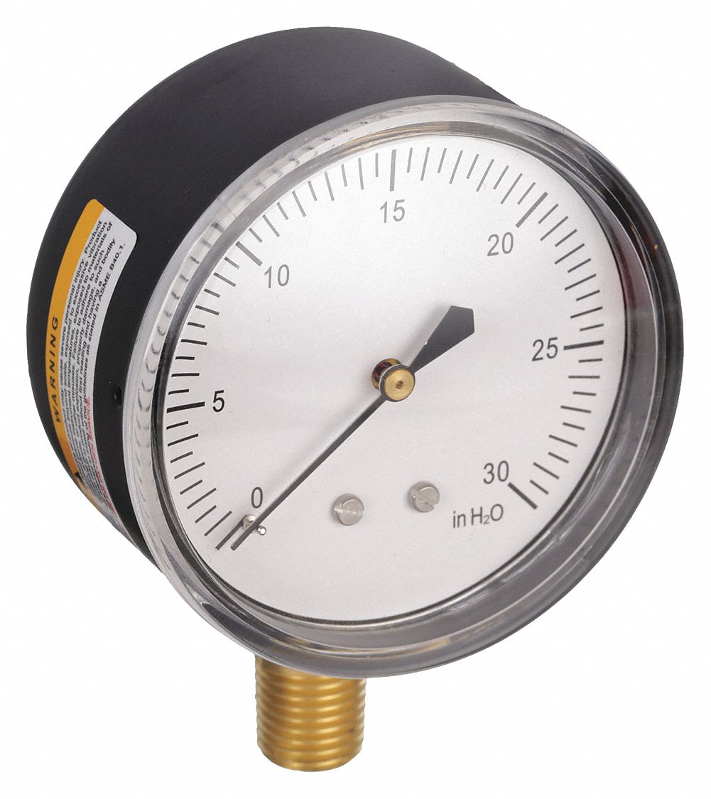 Low Pressure Gauge: For Inert Gases, 0 in wc to 30 in wc, 2 1/2 in Dial, Bottom