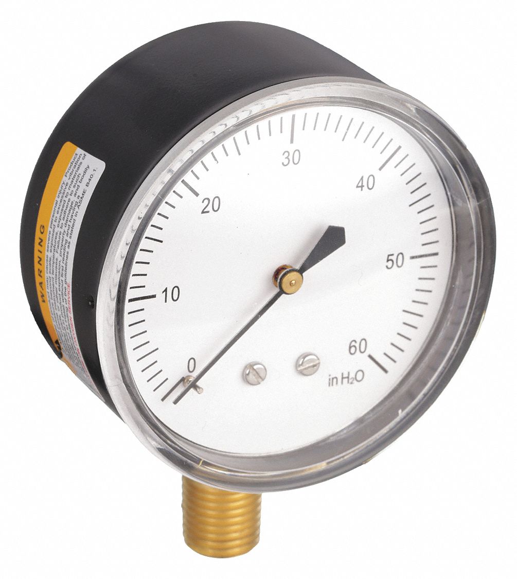 Low Pressure Gauge: For Inert Gases, 0 in wc to 60 in wc, 2 1/2 in Dial, Bottom