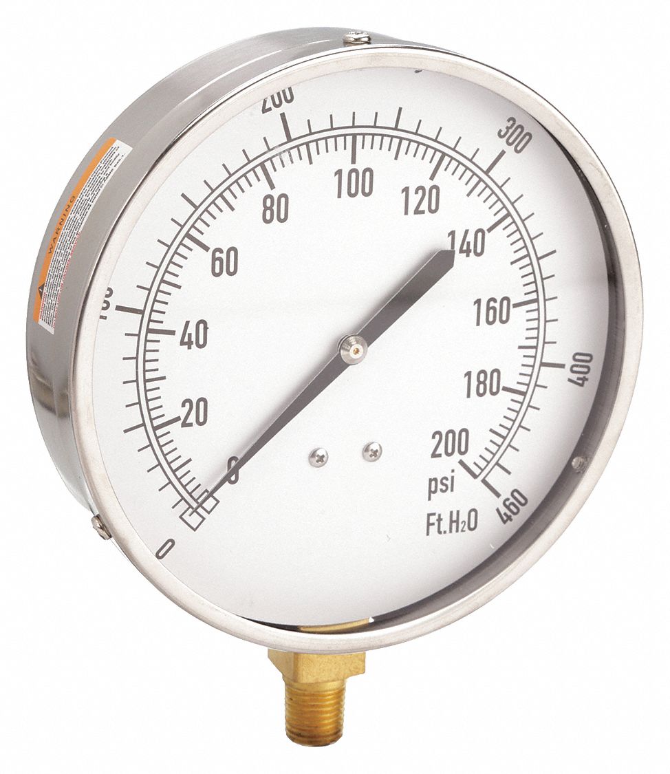 Altitude Pressure Gauge: 0 ft wc to 460 ft wc, 4 1/2 in Dial, 1/4 in NPT Male