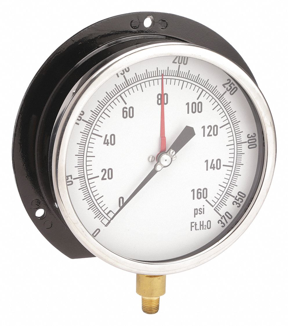 GRAINGER APPROVED Pressure Gauge Altitude, 0 to 370 ft wc, 6 in Dial, 1/4 in NPT Male, Bottom
