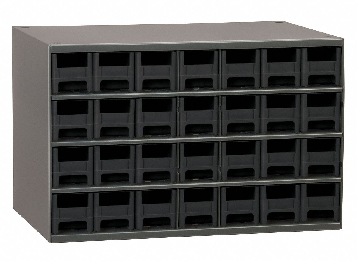 DRAWER BIN CABINET, 17 X 11 X 11 IN, 28 DRAWERS, STACKABLE, STEEL, 56 DIVIDERS, GREY
