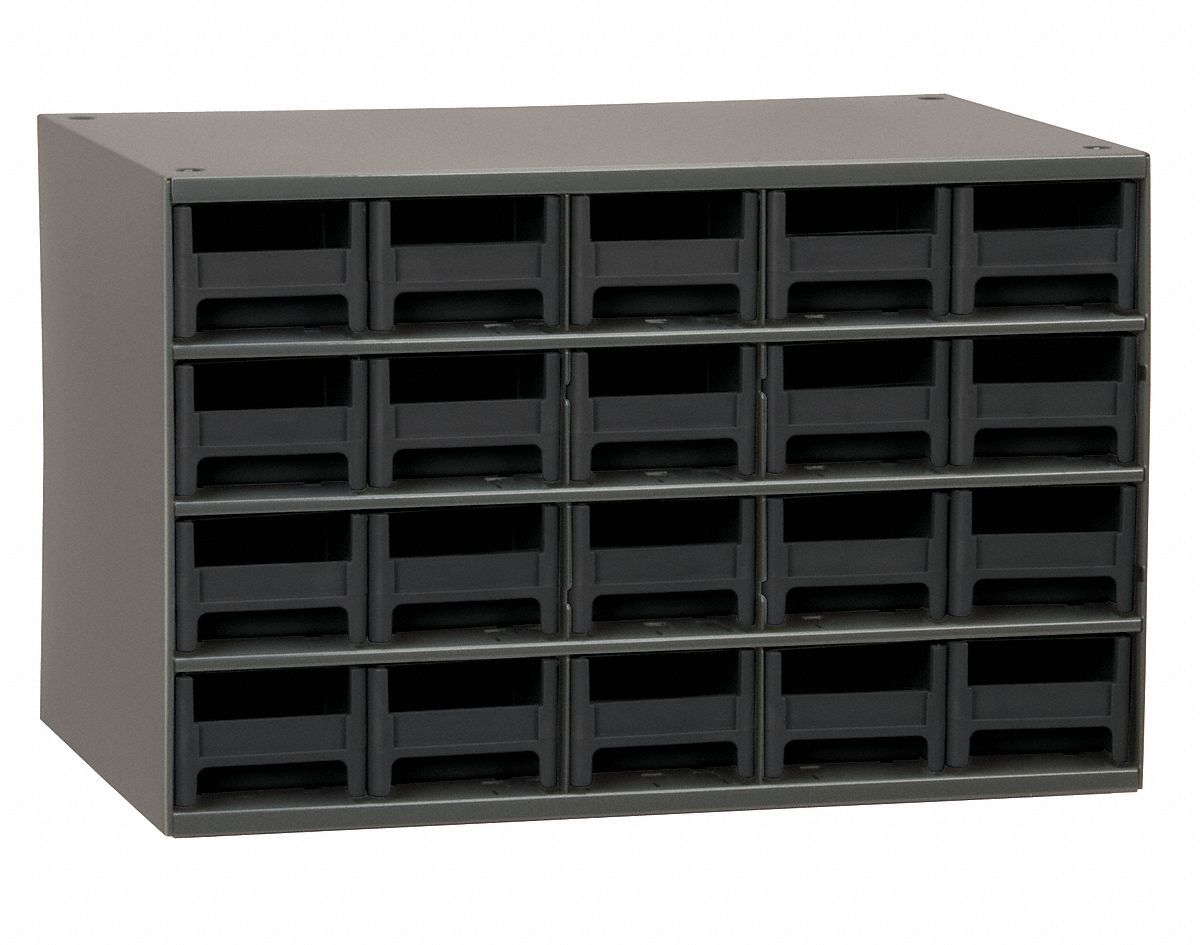 DRAWER BIN CABINET, 17 X 11 X 11 IN, 20 DRAWERS, STACKABLE, STEEL, 40 DIVIDERS, GREY