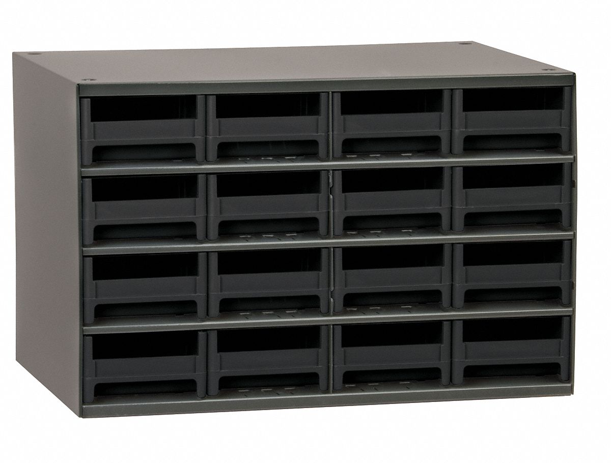 DRAWER BIN CABINET, 17 X 11 X 11 IN, 16 DRAWERS, STACKABLE, STEEL, 32 DIVIDERS, GREY