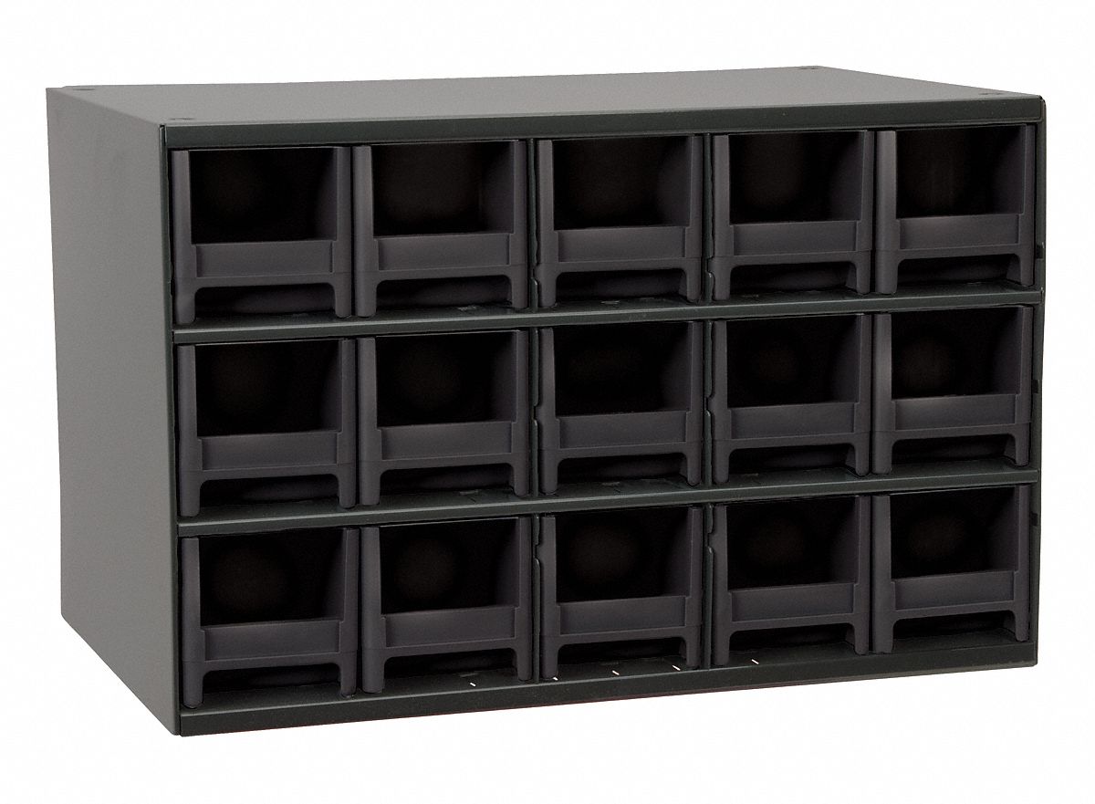 DRAWER BIN CABINET, 17 X 11 X 11 IN, 15 DRAWERS, STACKABLE, STEEL, 30 DIVIDERS, GREY