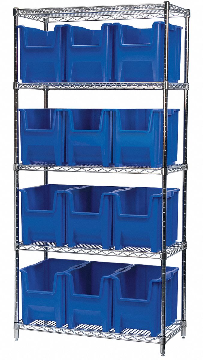 Bin Shelving: 36 in x 18 in x 74 in, 12 Bins, 5 Shelves, Open, Stacking Bin, Blue