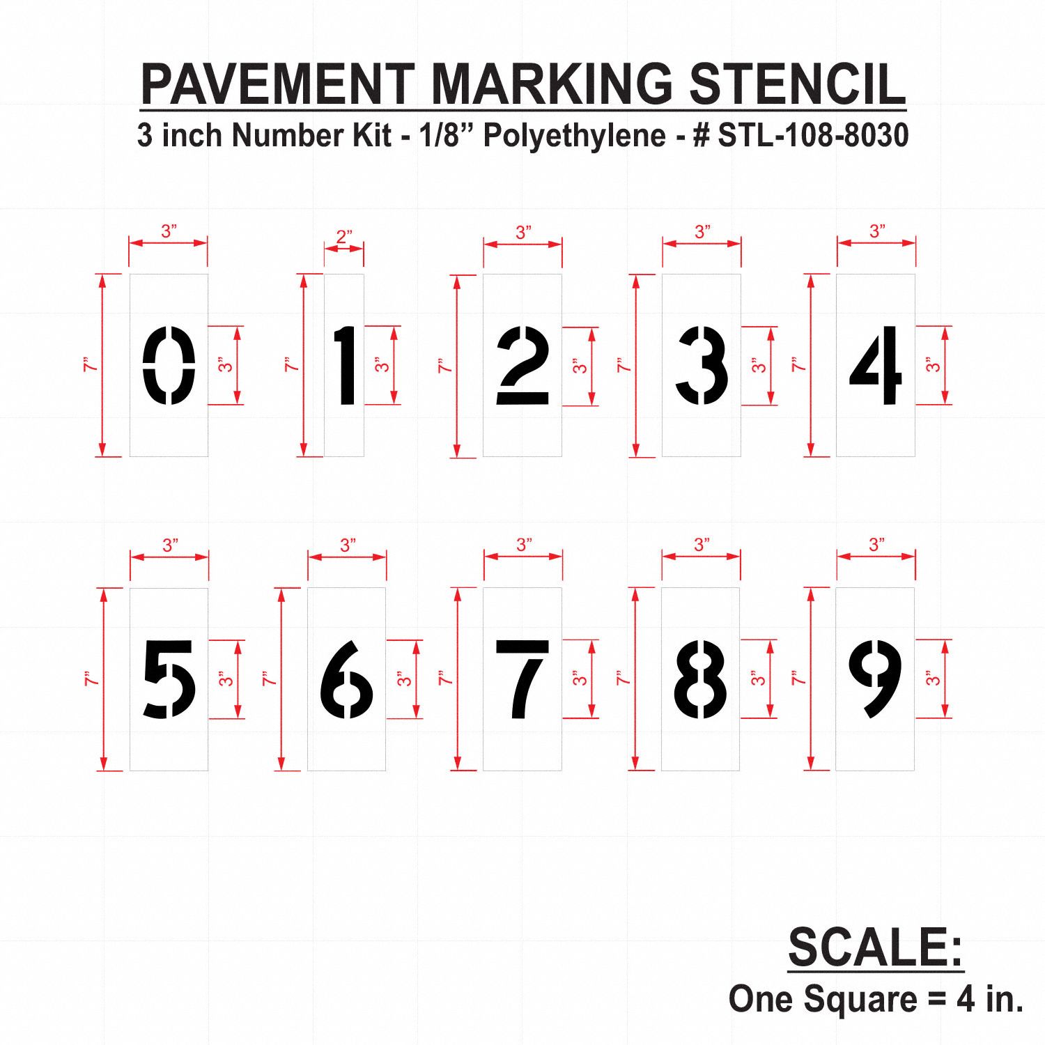 RAE Pavement Stencil Set, Curb and Median, 0 Thru 9/Blanks, 3 in