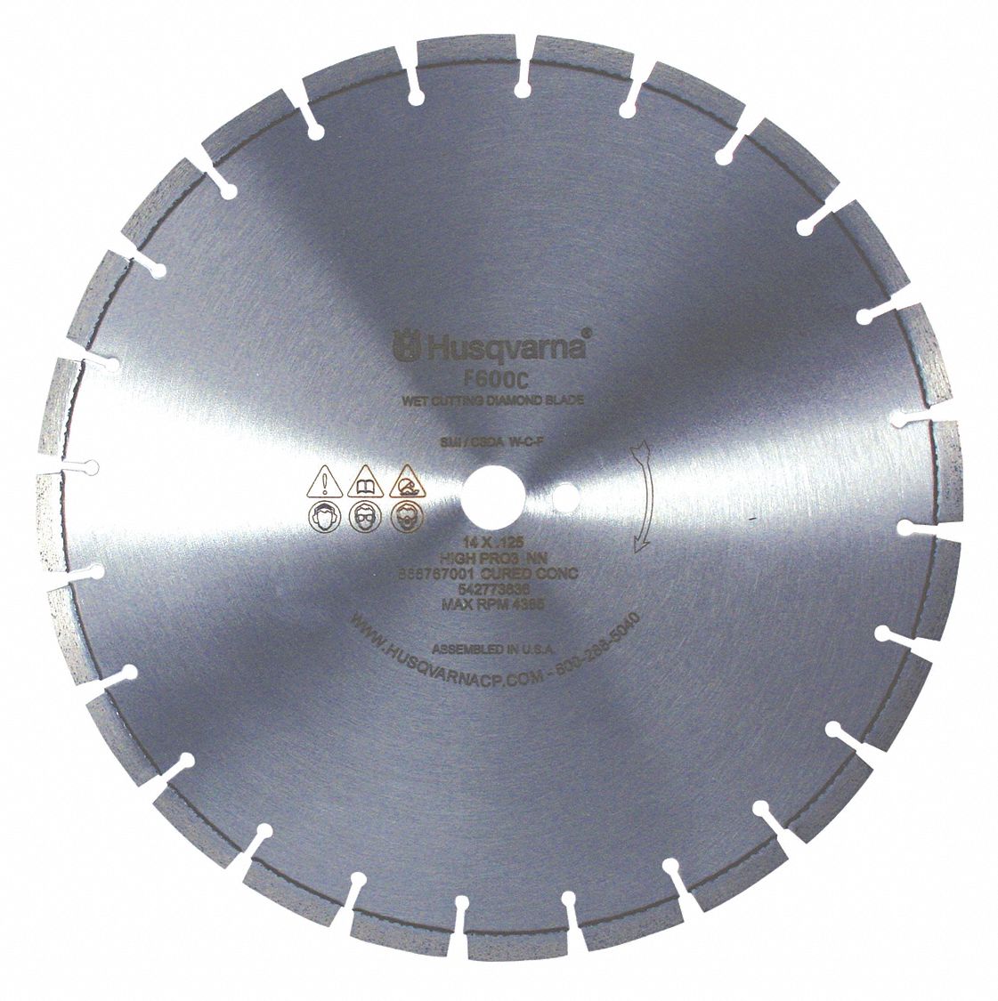 DIAMOND SAW BLADE, SEGMENTED, 18 IN, 1 IN ROUND ARBOUR, WET, 3395 RPM, 25 TO 72 HP, CONCRETE